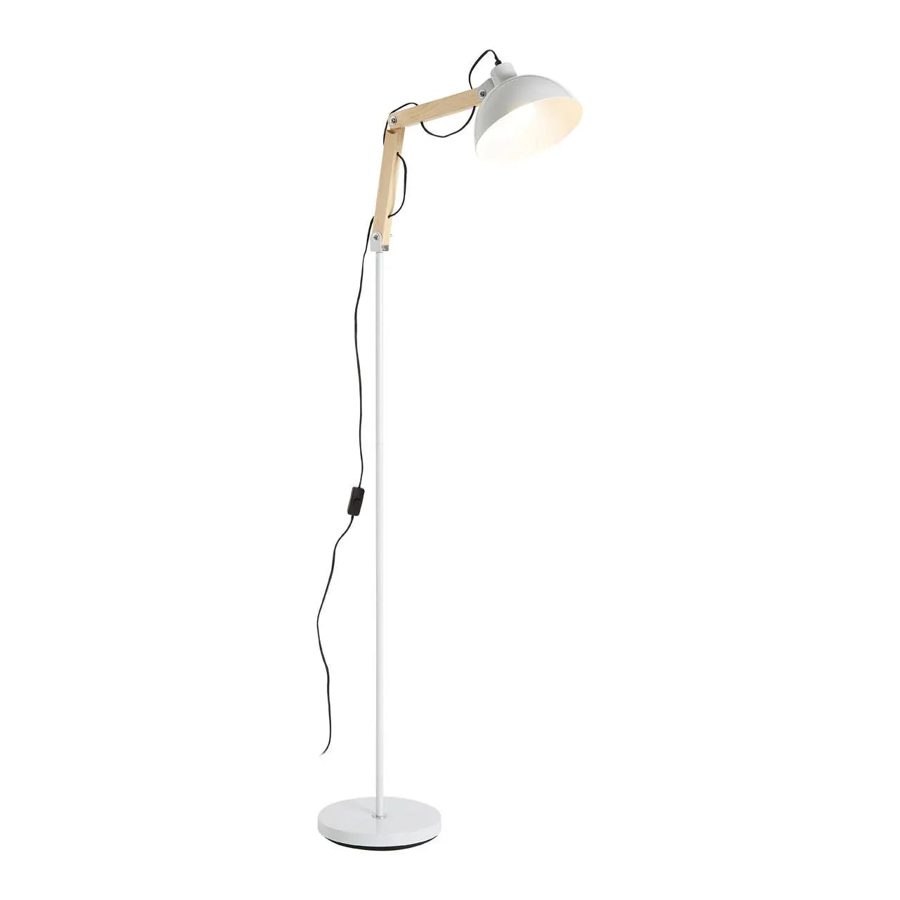 White floor lamp with adjustable wooden arm and round base