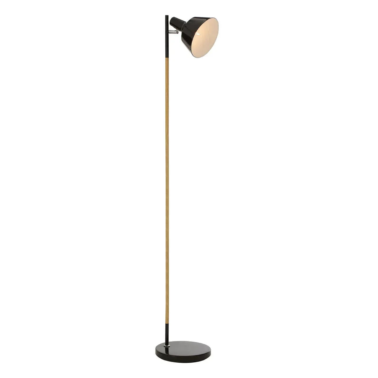 Black and wood floor lamp with adjustable shade on round base