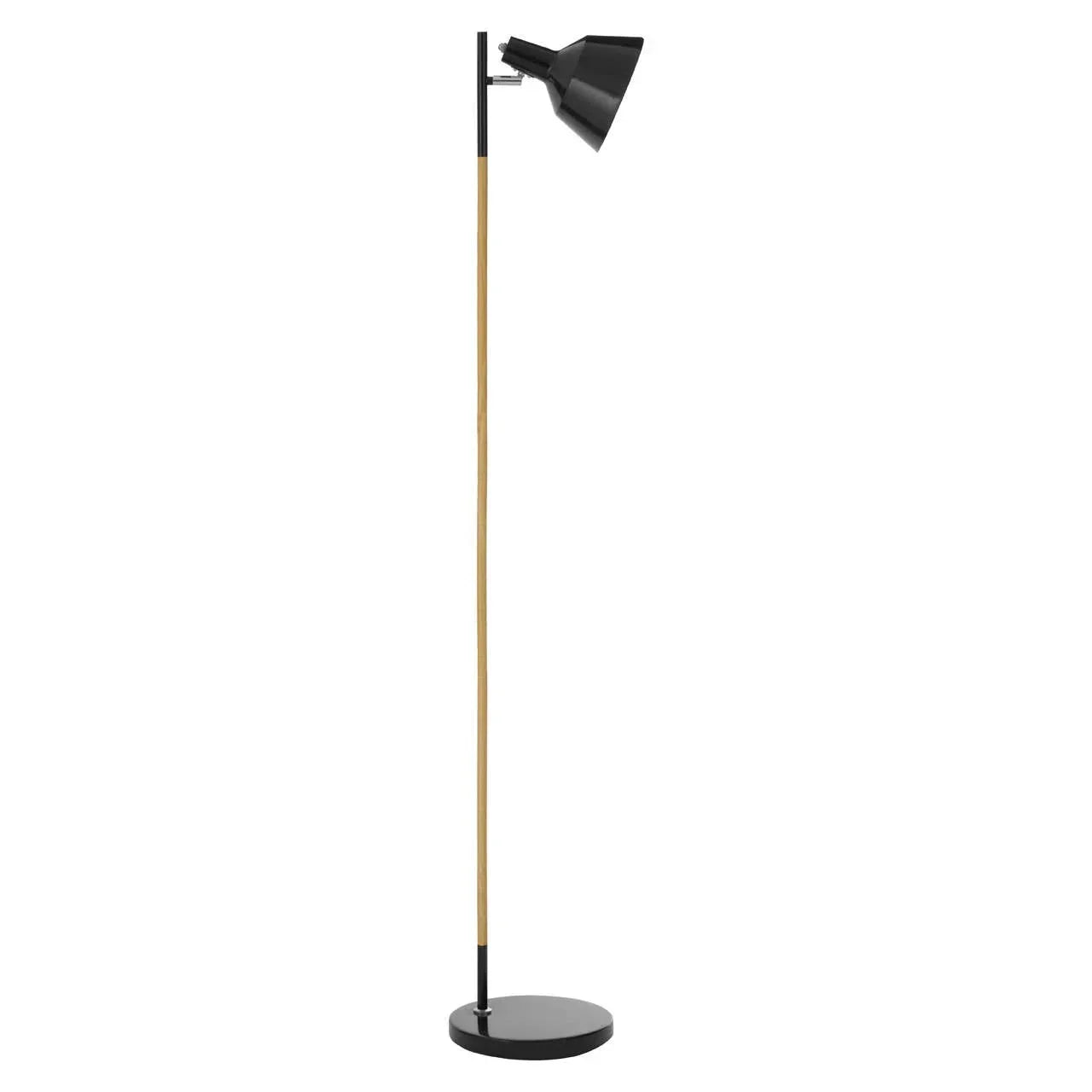Black floor lamp with adjustable shade and wooden stem on round base