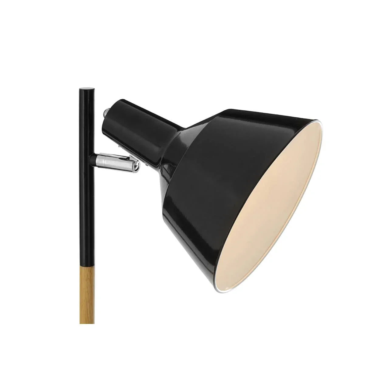 Black metal floor lamp with adjustable shade and wooden accent base
