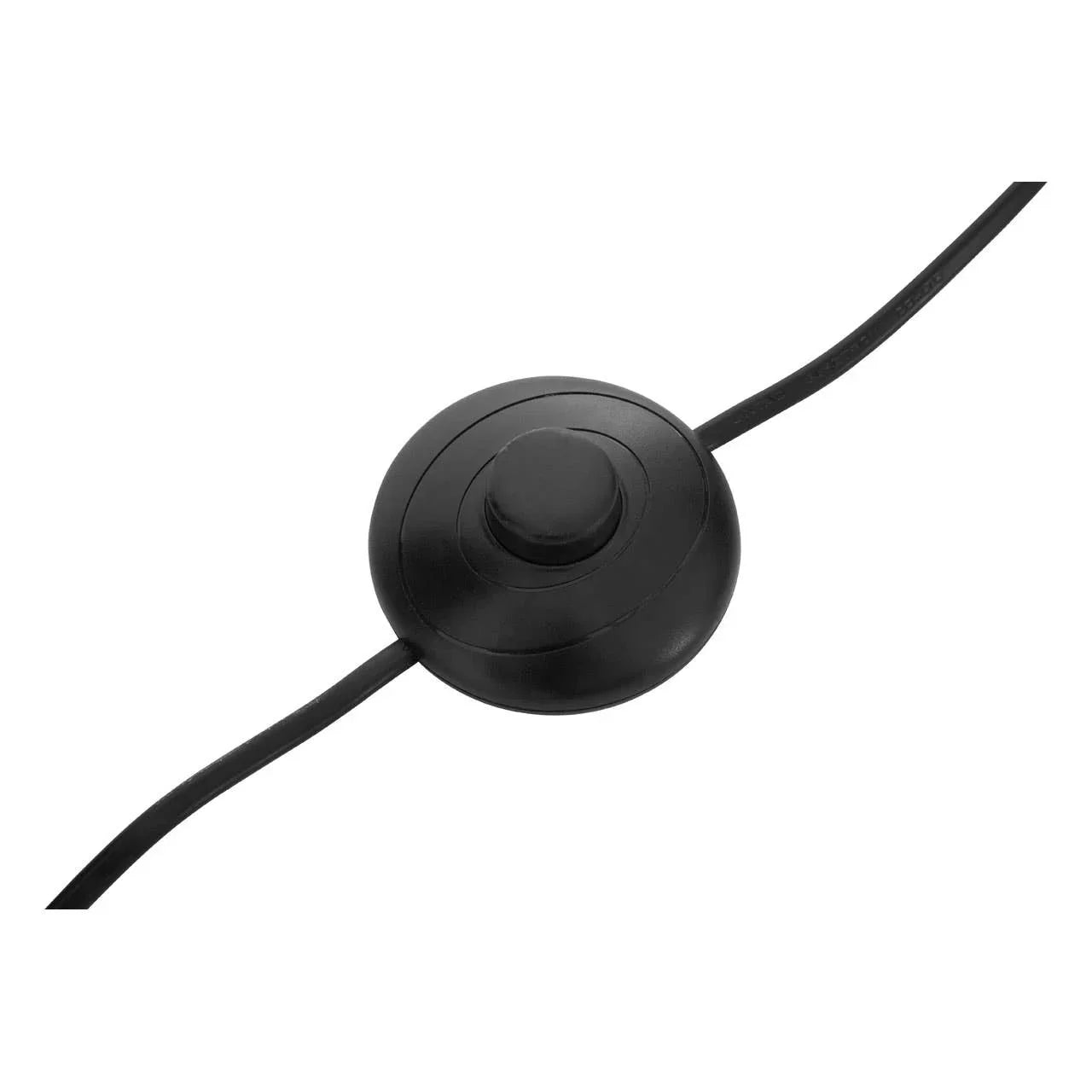 Black inline floor lamp switch with round button and attached cord on white background
