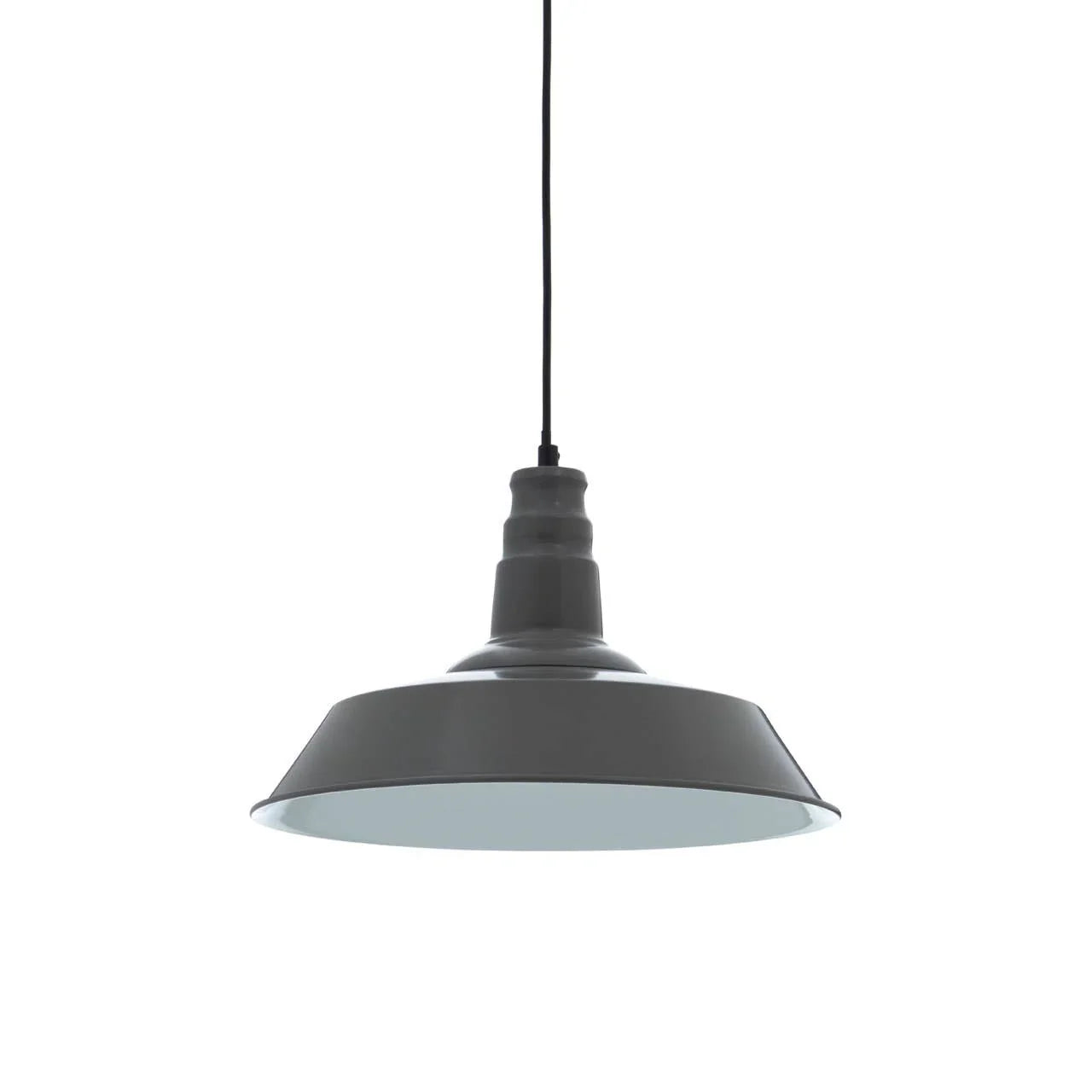 Black metal pendant ceiling light with wide shade and black cord against white background