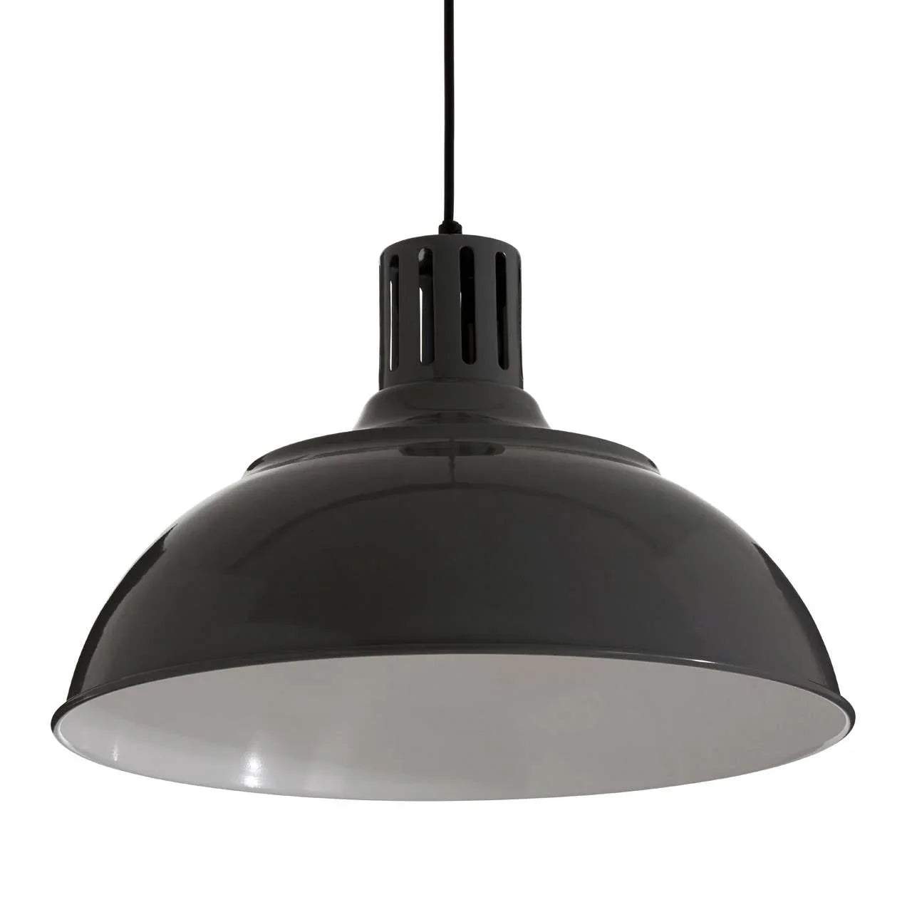 Black metal pendant light with dome shade and matte finish, hanging from ceiling