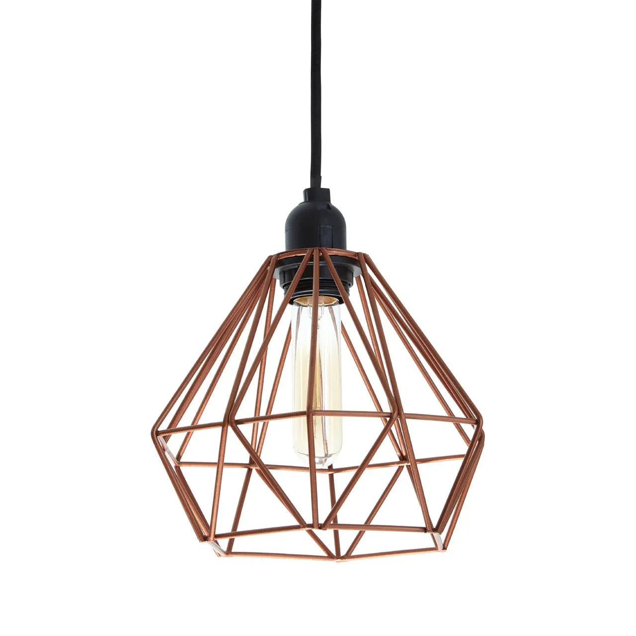 Copper geometric pendant light with exposed bulb and black cord, front view