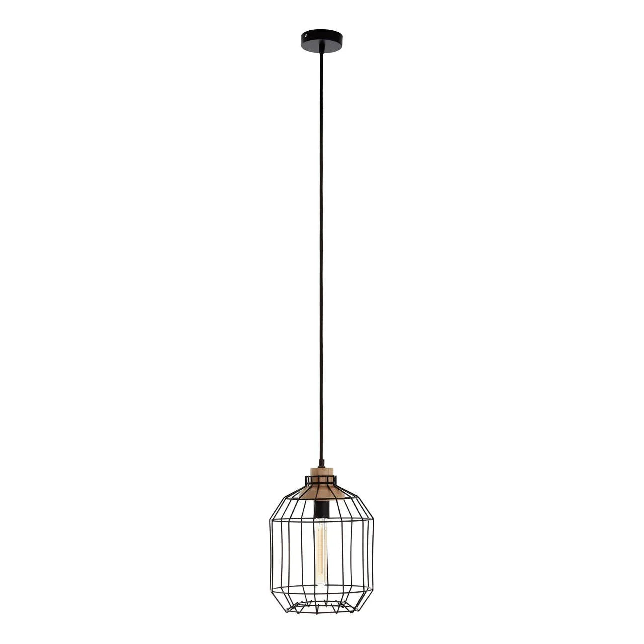 Black cage pendant light with exposed bulb and long cable, industrial style ceiling lighting