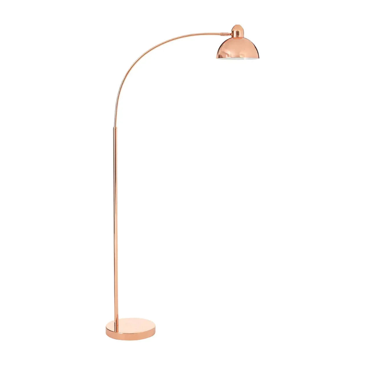 Copper arc floor lamp with dome shade and round base on white background