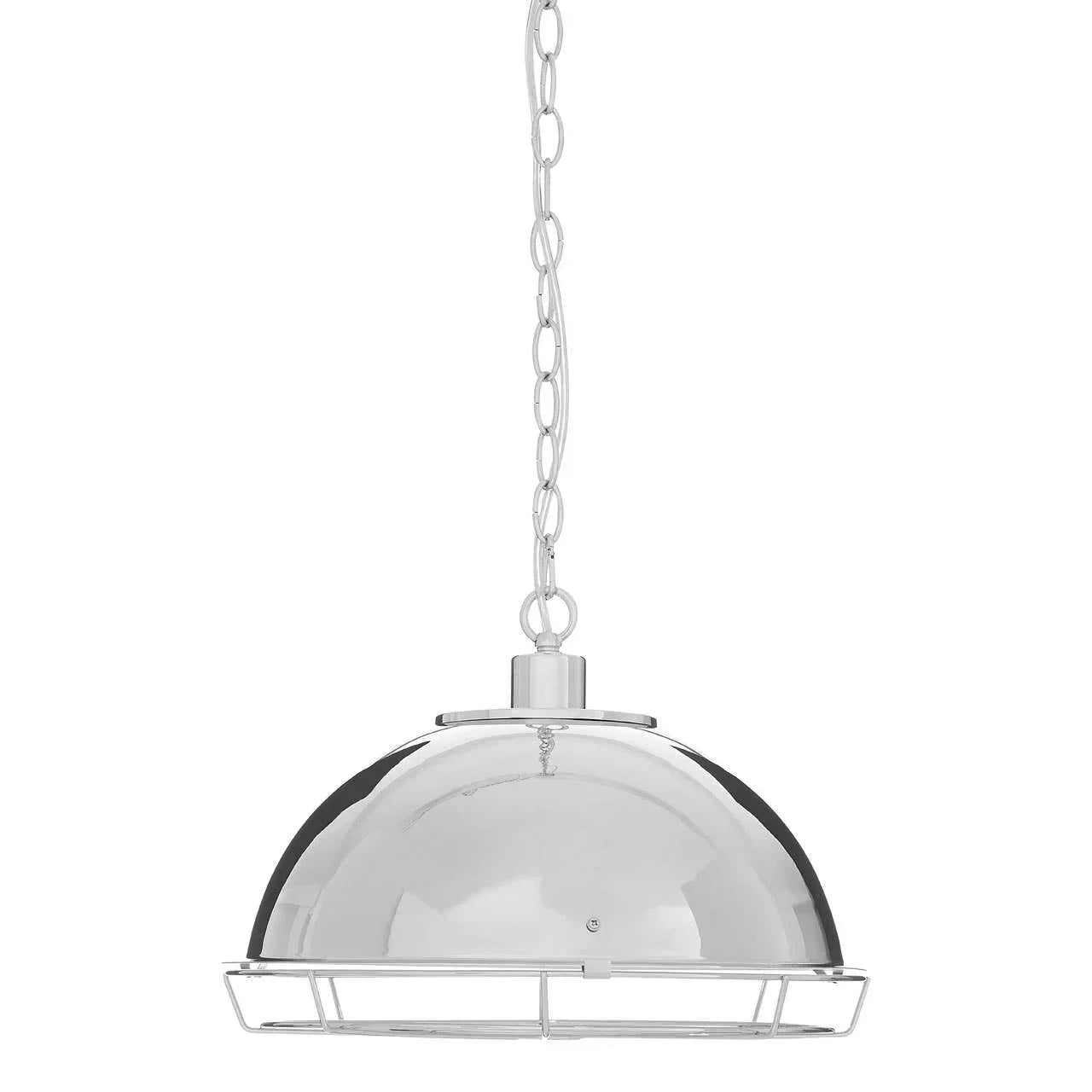Chrome dome pendant light with chain suspension and metal cage detail