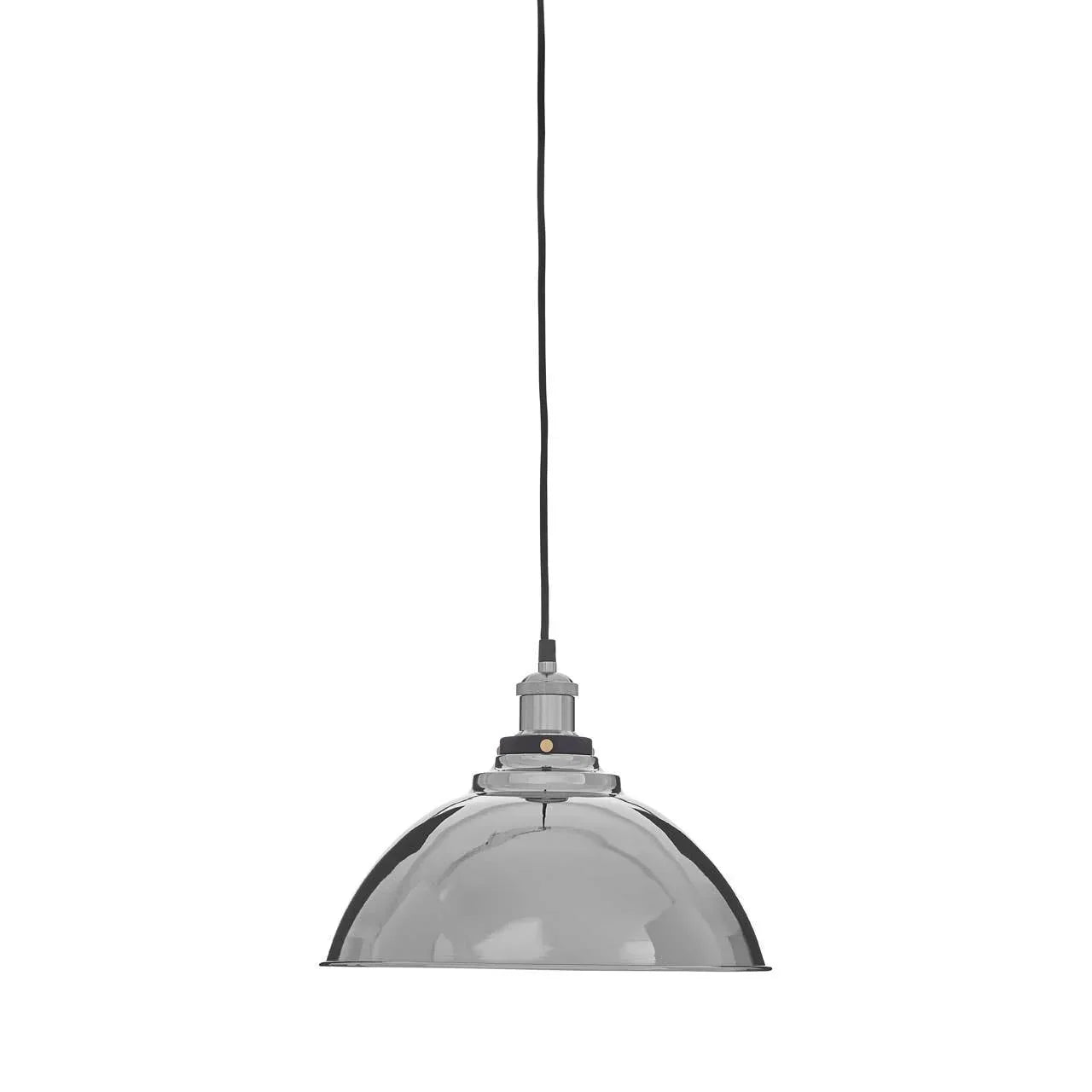Chrome pendant ceiling light with dome metal shade and black cord hanging against white background