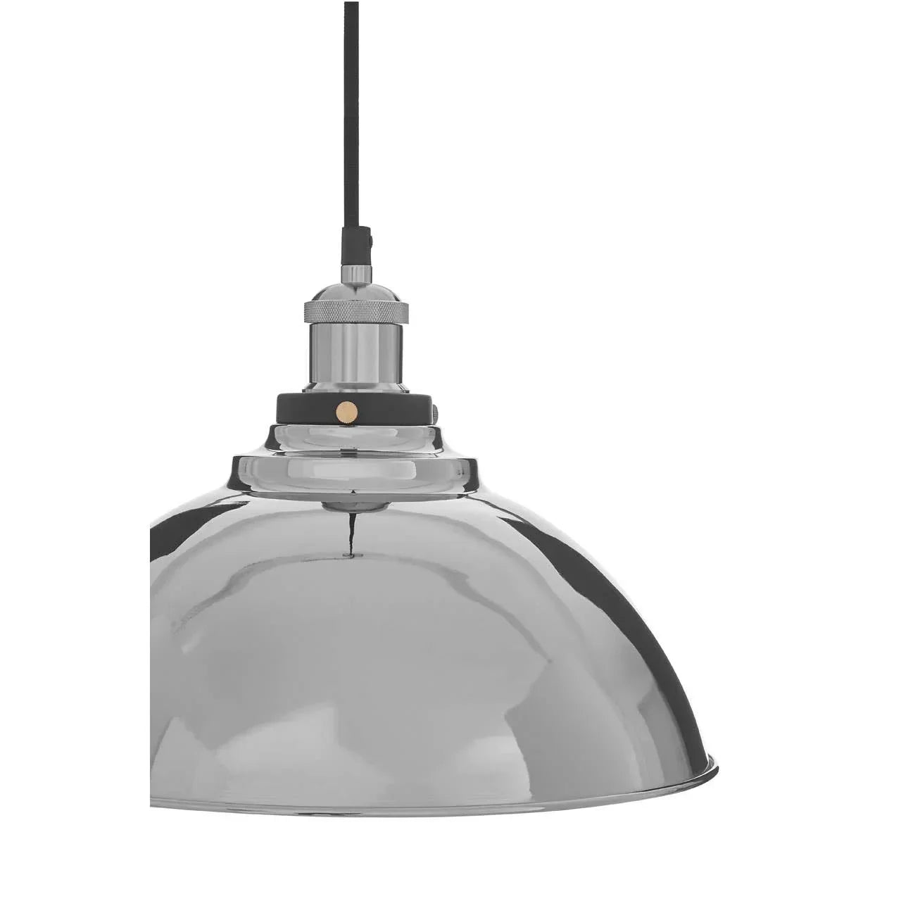 Chrome pendant light with dome metal shade and black cord, close view of fixture