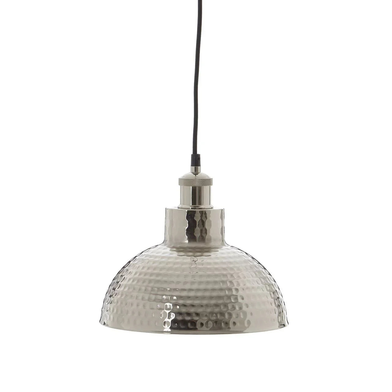 Brushed metal pendant light with hammered dome shade and black cord