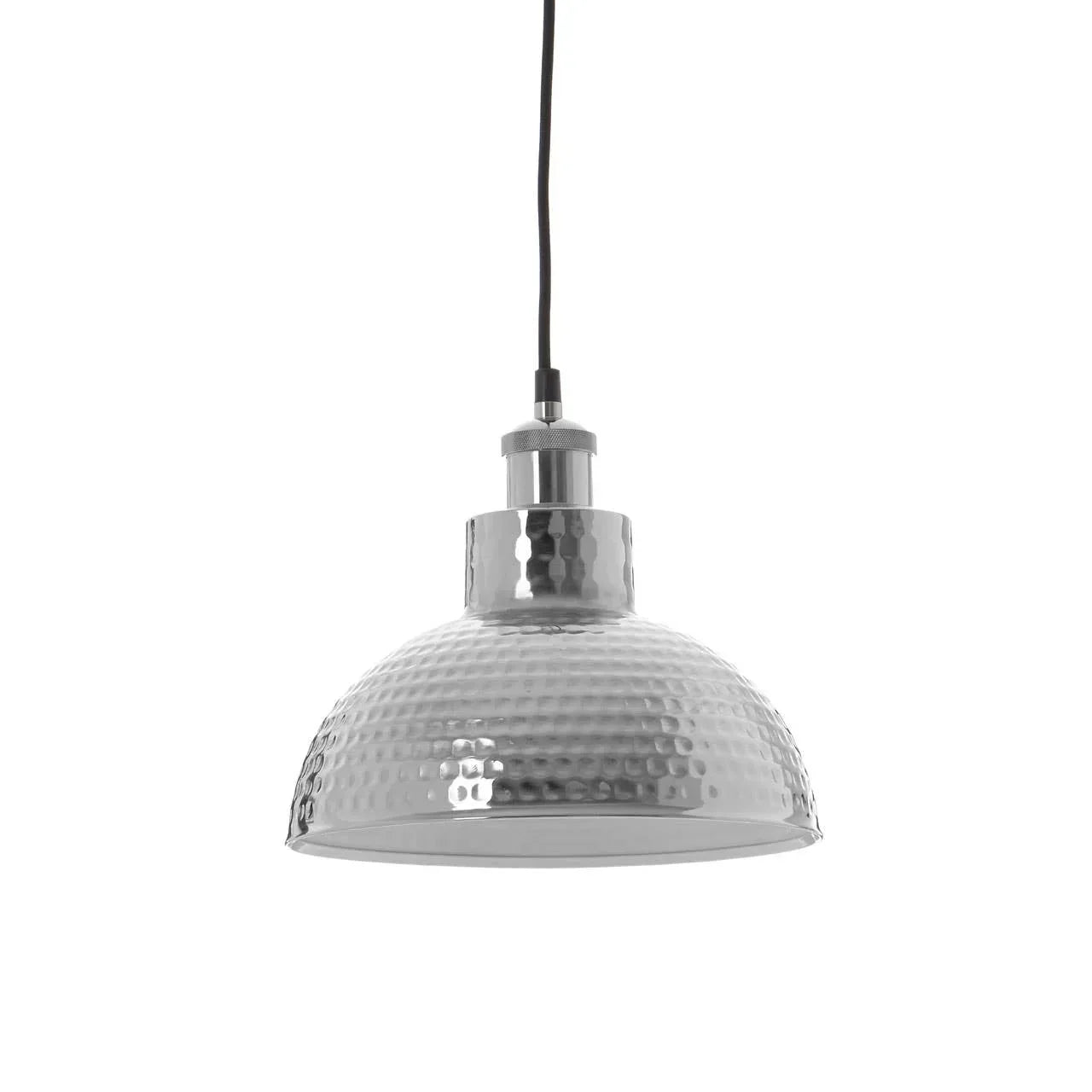 Silver hammered metal pendant light with dome shade and black cord, front view
