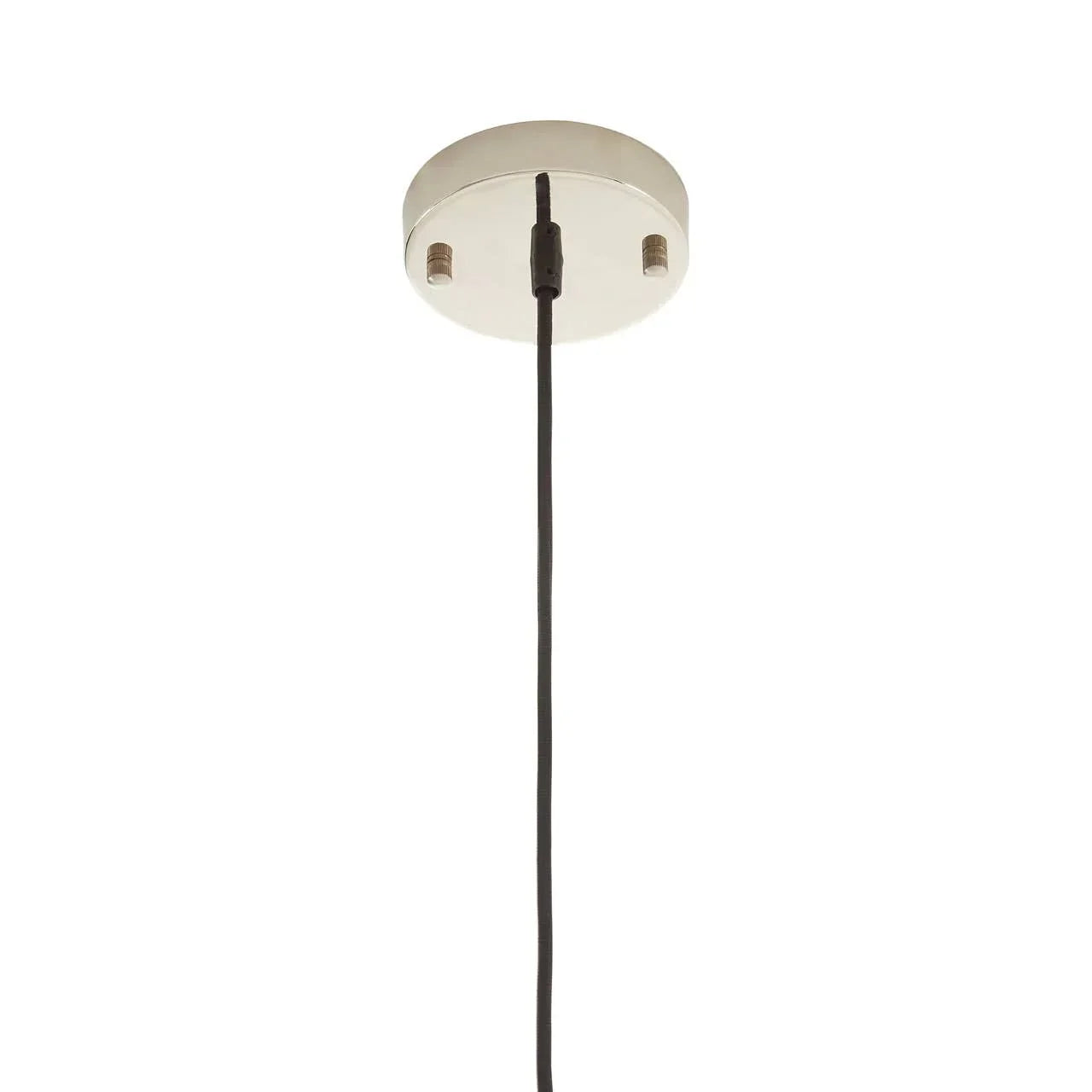 Chrome ceiling light fitting with black pendant cable, close-up view of mount