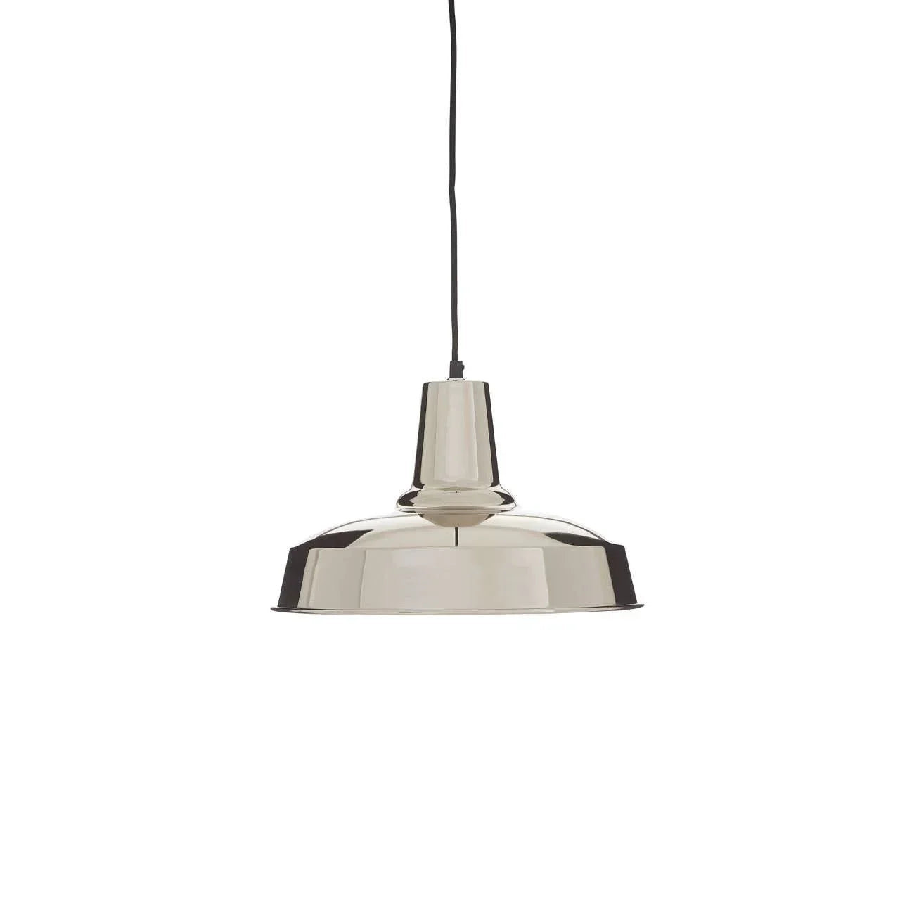 Chrome metal pendant ceiling light with industrial dome shade and black cord