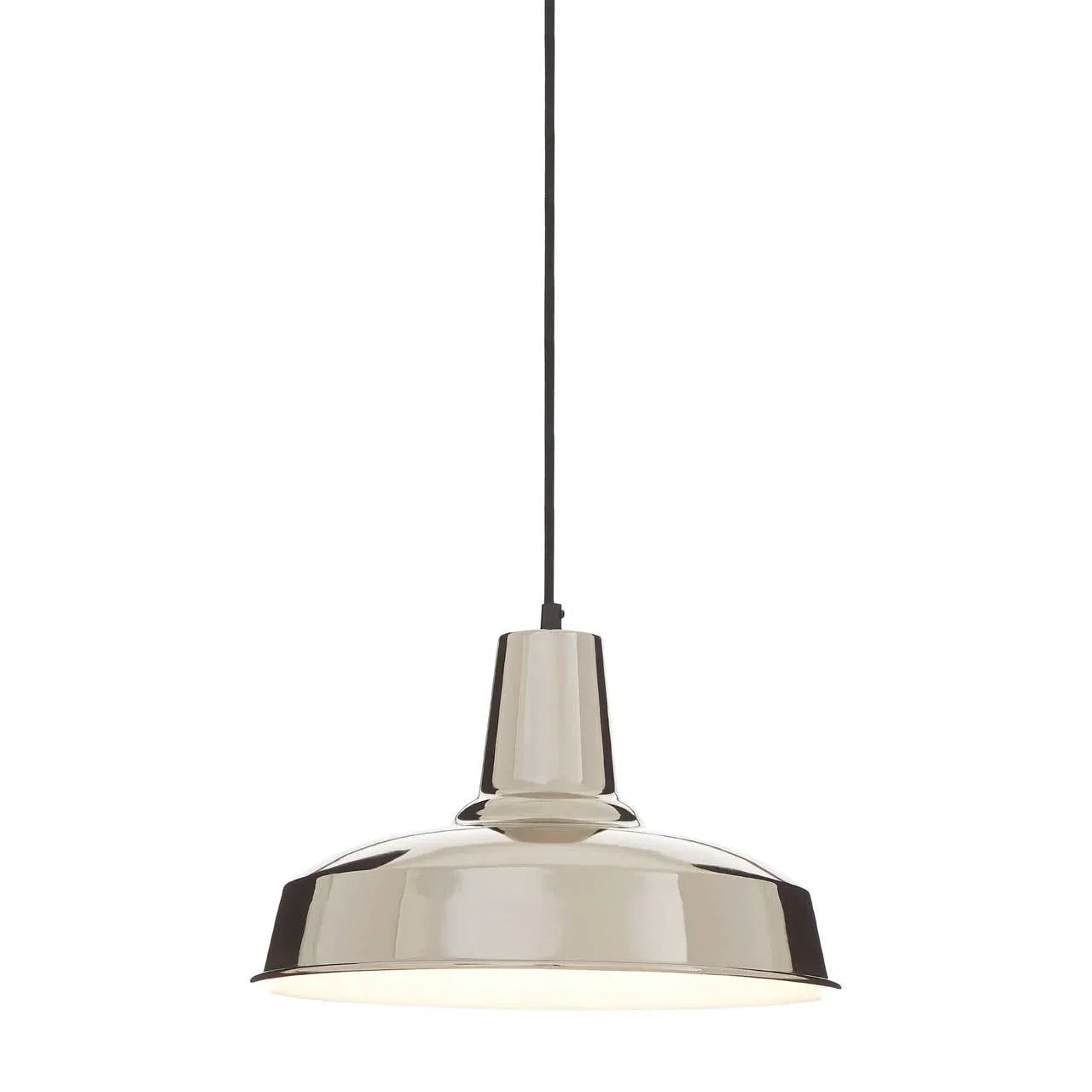 Chrome pendant light with wide metal shade and black cord, suspended against white background