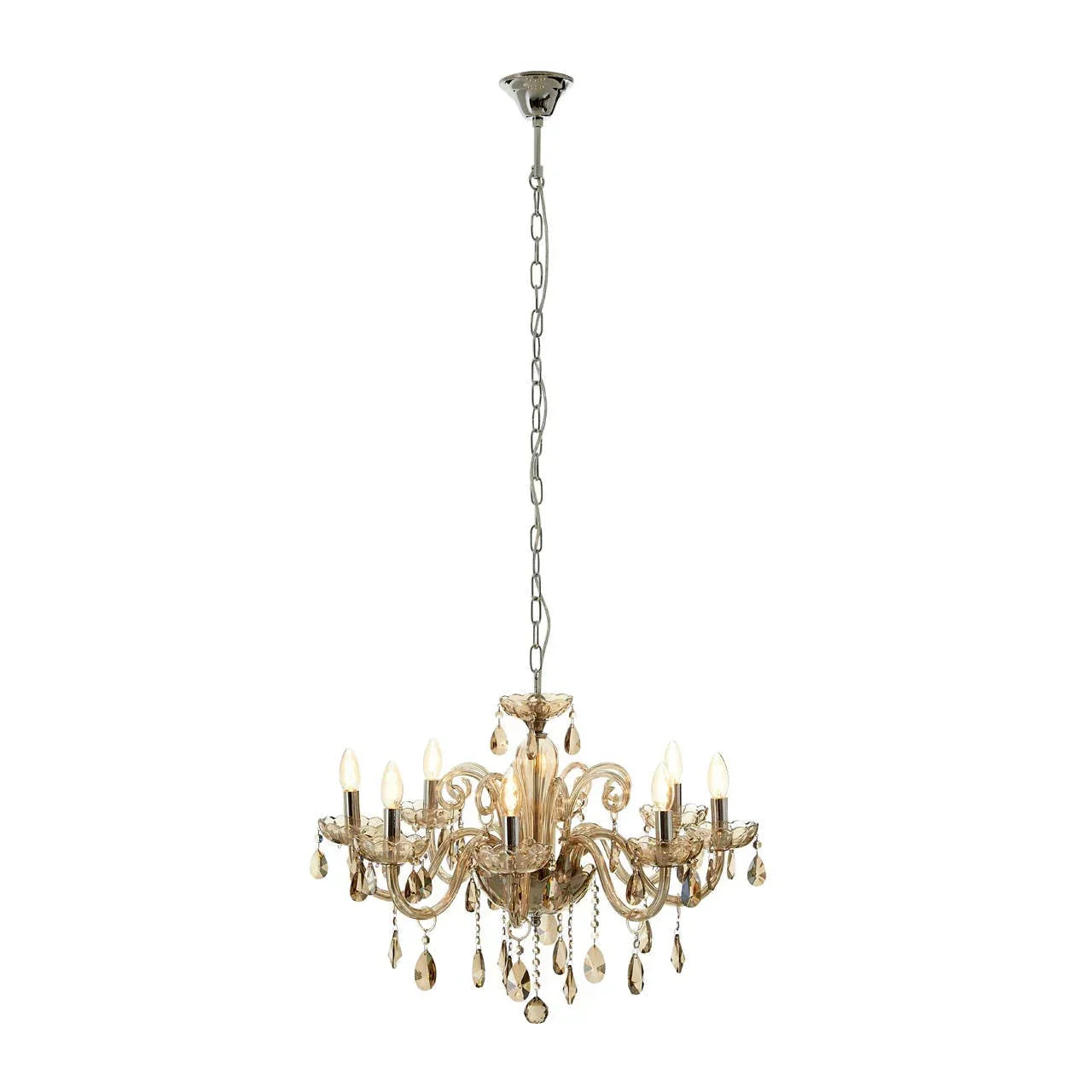 Gold glass chandelier with candle-style lights and hanging crystal accents on chain