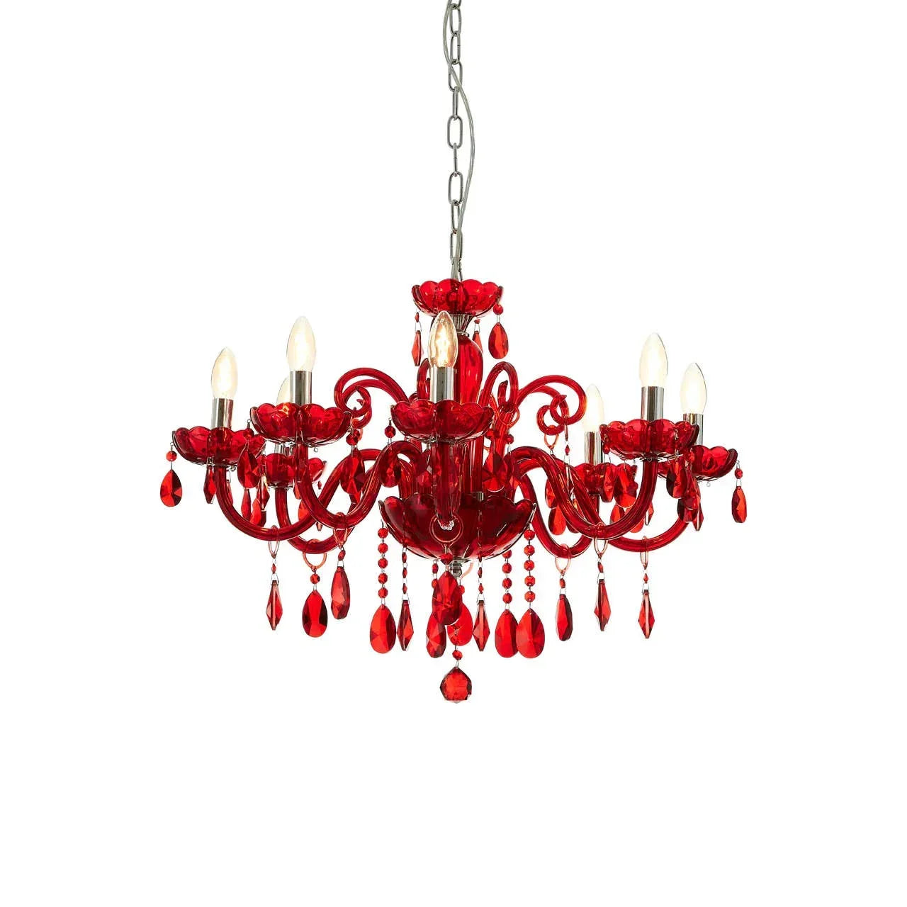Red crystal chandelier with six candle-style lights and hanging decorative beads