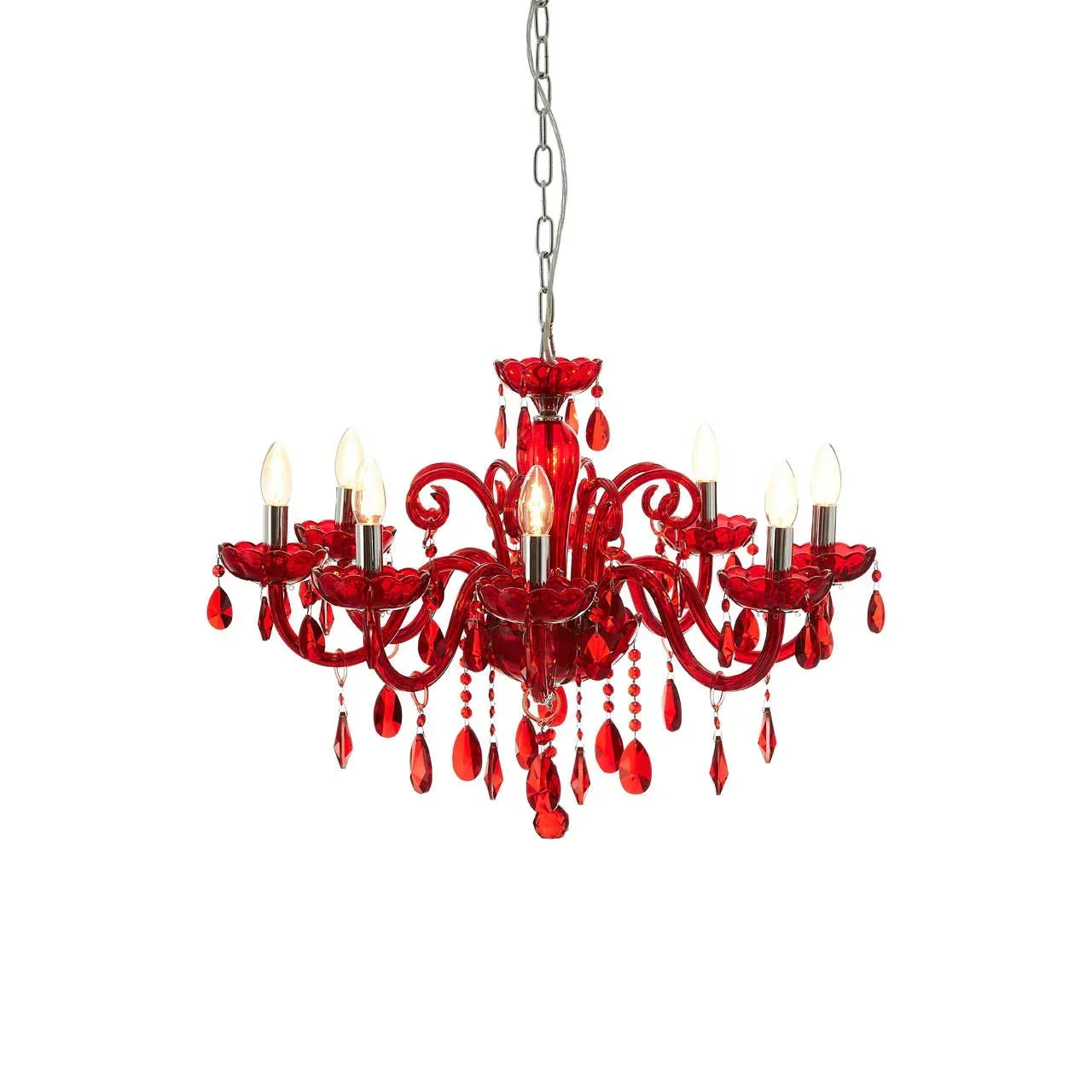 Red glass chandelier with eight candle-style bulbs and hanging crystal drops