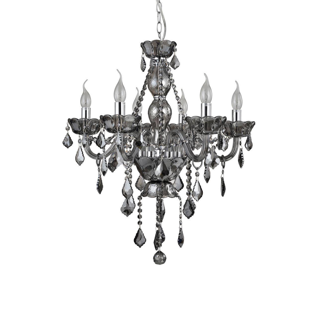 Black crystal chandelier with six candle-style lights and hanging decorative glass drops