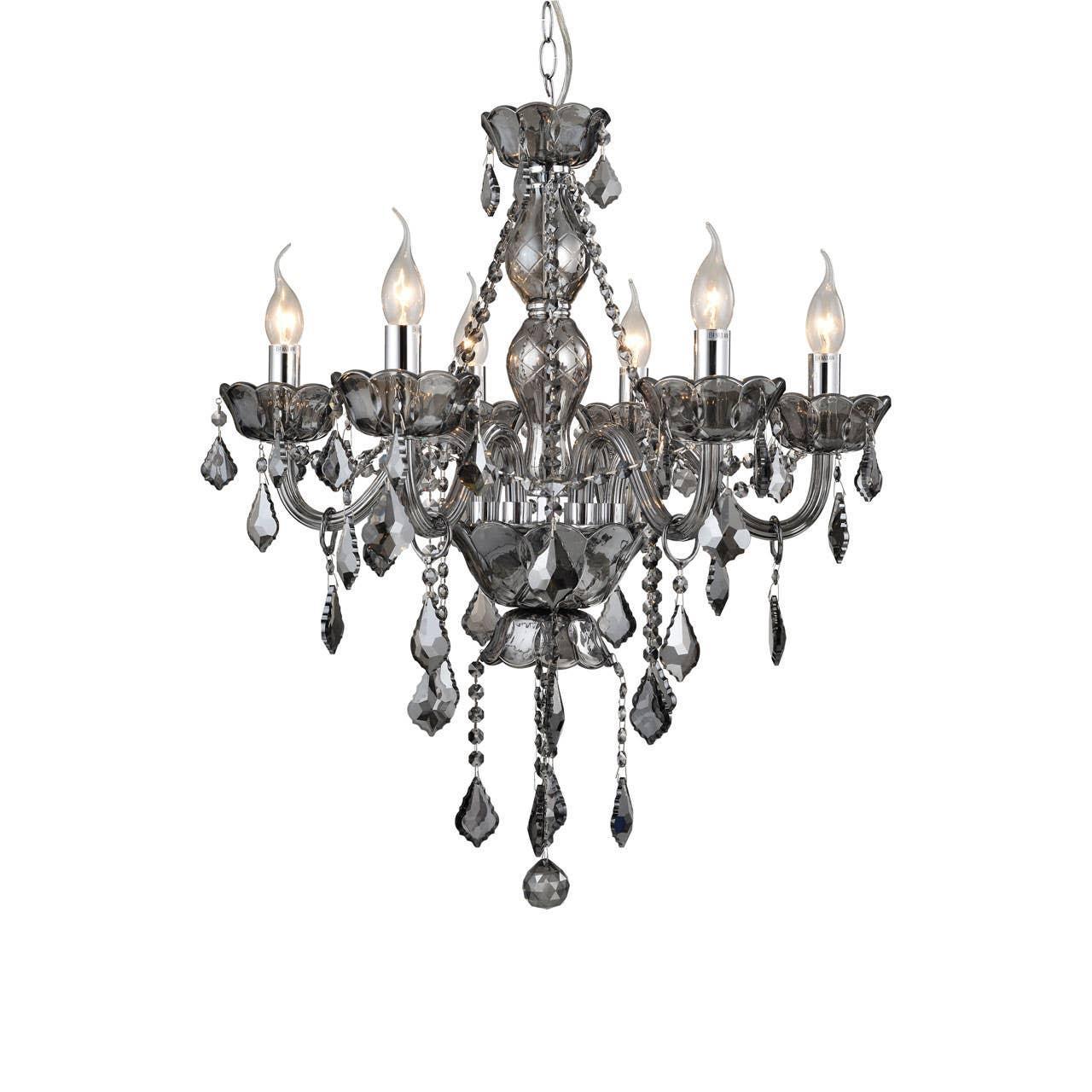 Black crystal chandelier with six candle lights and decorative hanging glass droplets