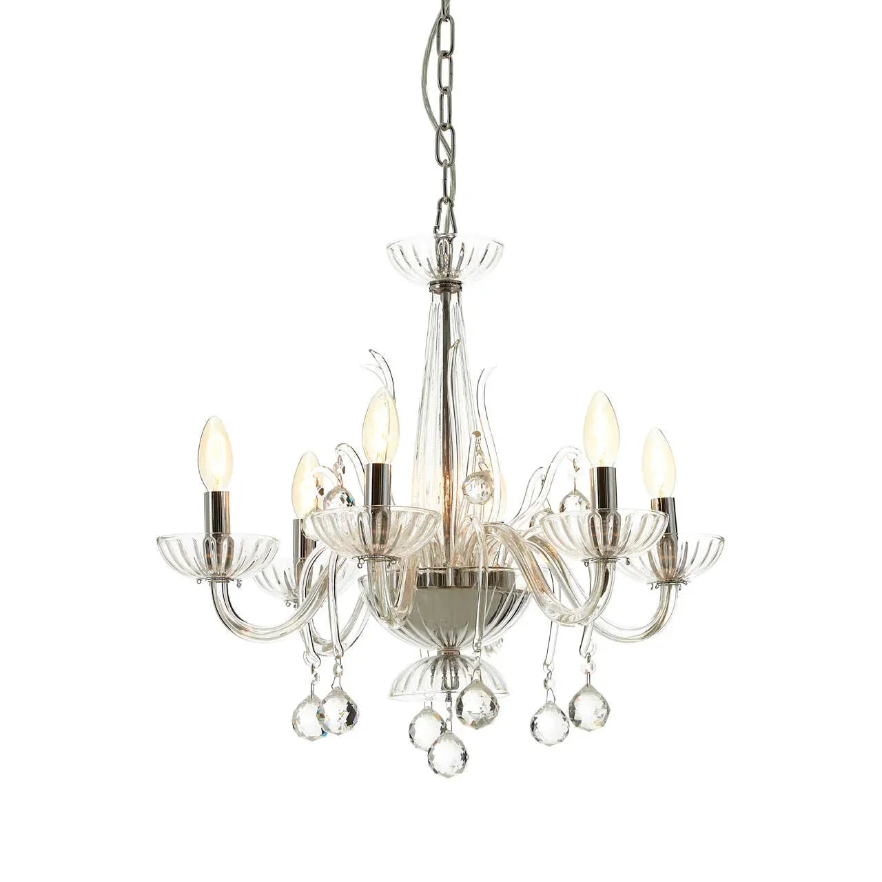 Glass chandelier with six arms, crystal droplets, and candle-style lights on chain