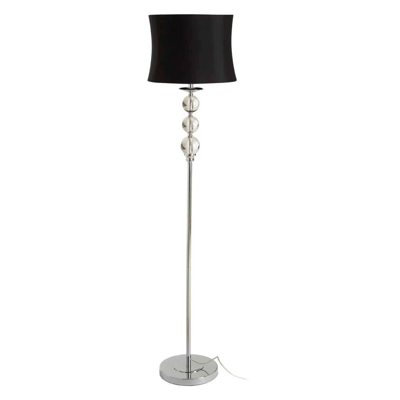 Chrome floor lamp with black drum shade and glass ball detail on stem