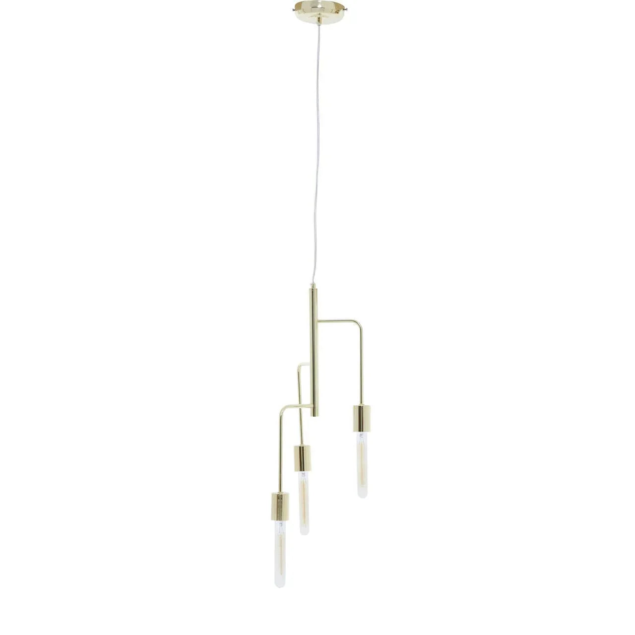Modern gold ceiling pendant light with three tubular bulbs and minimalist metal frame