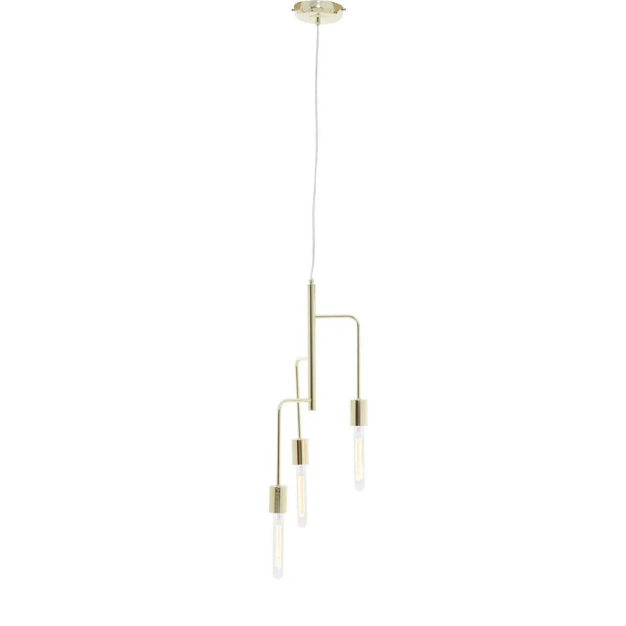 Gold metal pendant light with three exposed bulbs hanging at different heights
