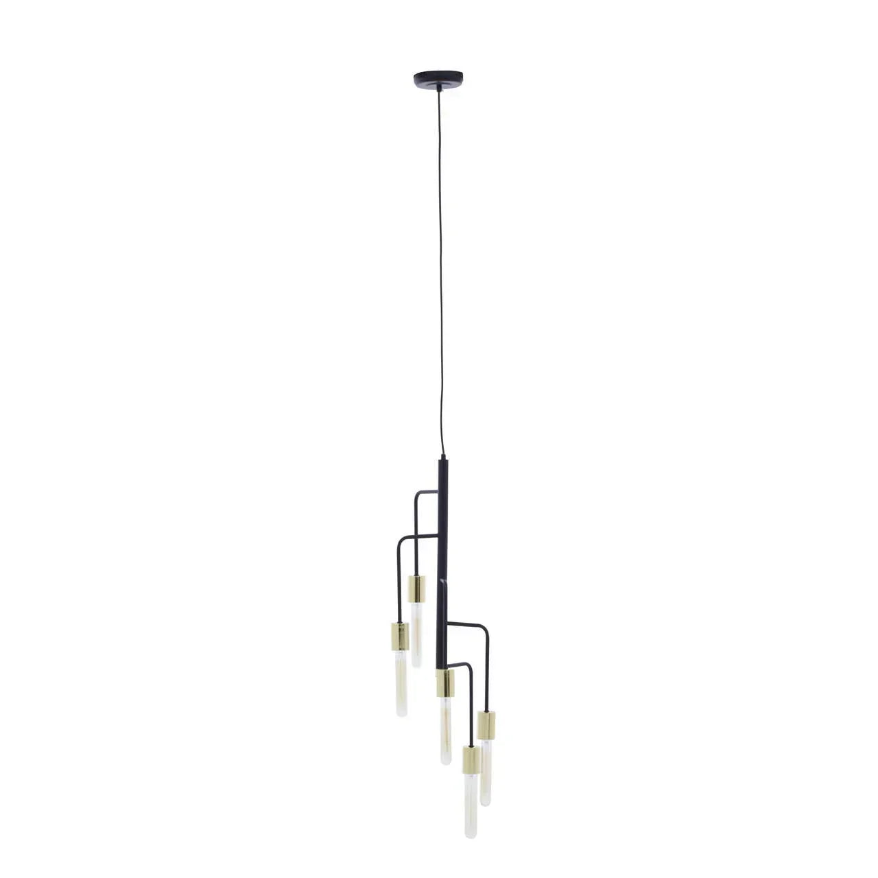 Modern black and gold pendant ceiling light with five glass tube bulbs