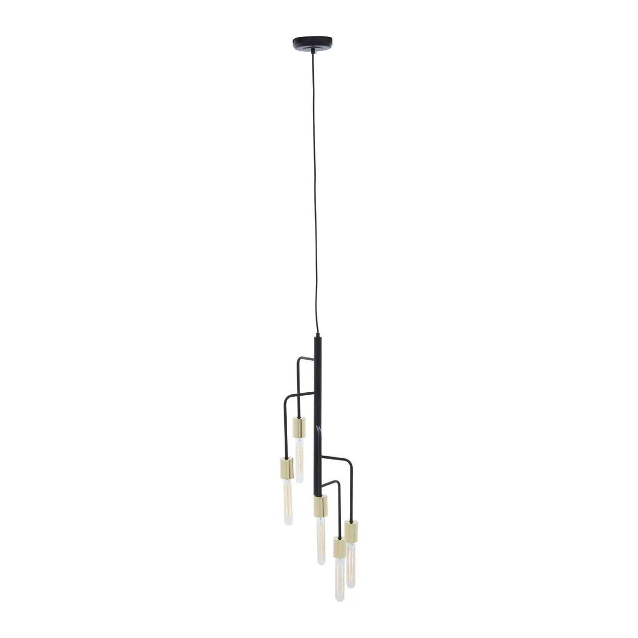 Modern black pendant ceiling light with gold fixtures and exposed bulbs