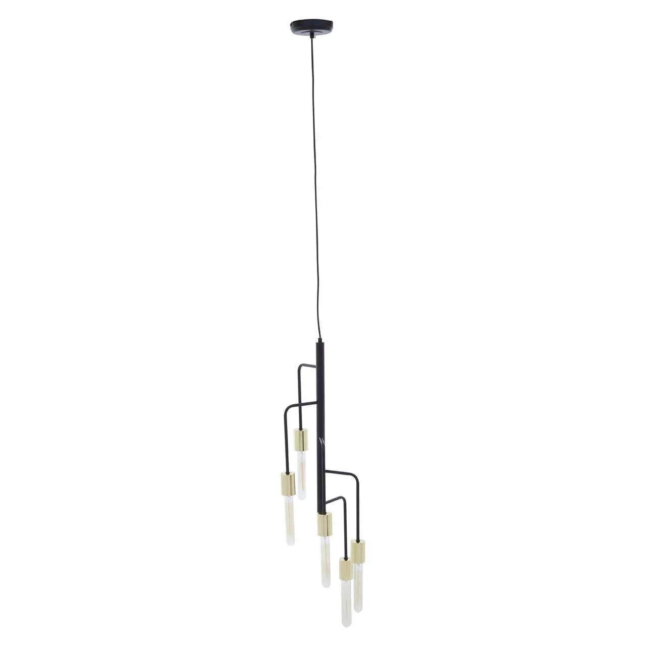 Modern black and gold ceiling pendant light with five tubular glass shades