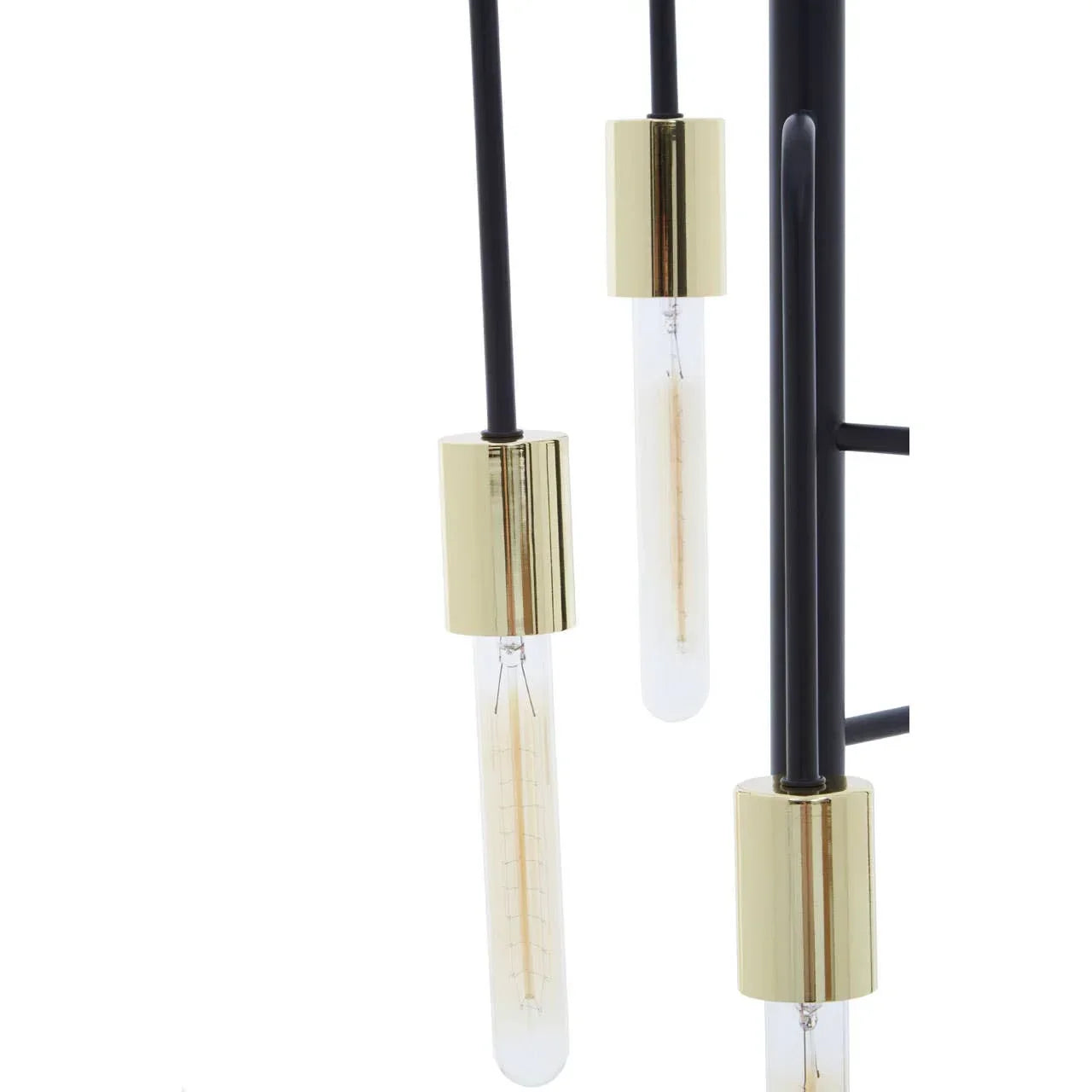 Modern pendant light with black rods and gold bulb holders, clear tubular bulbs visible