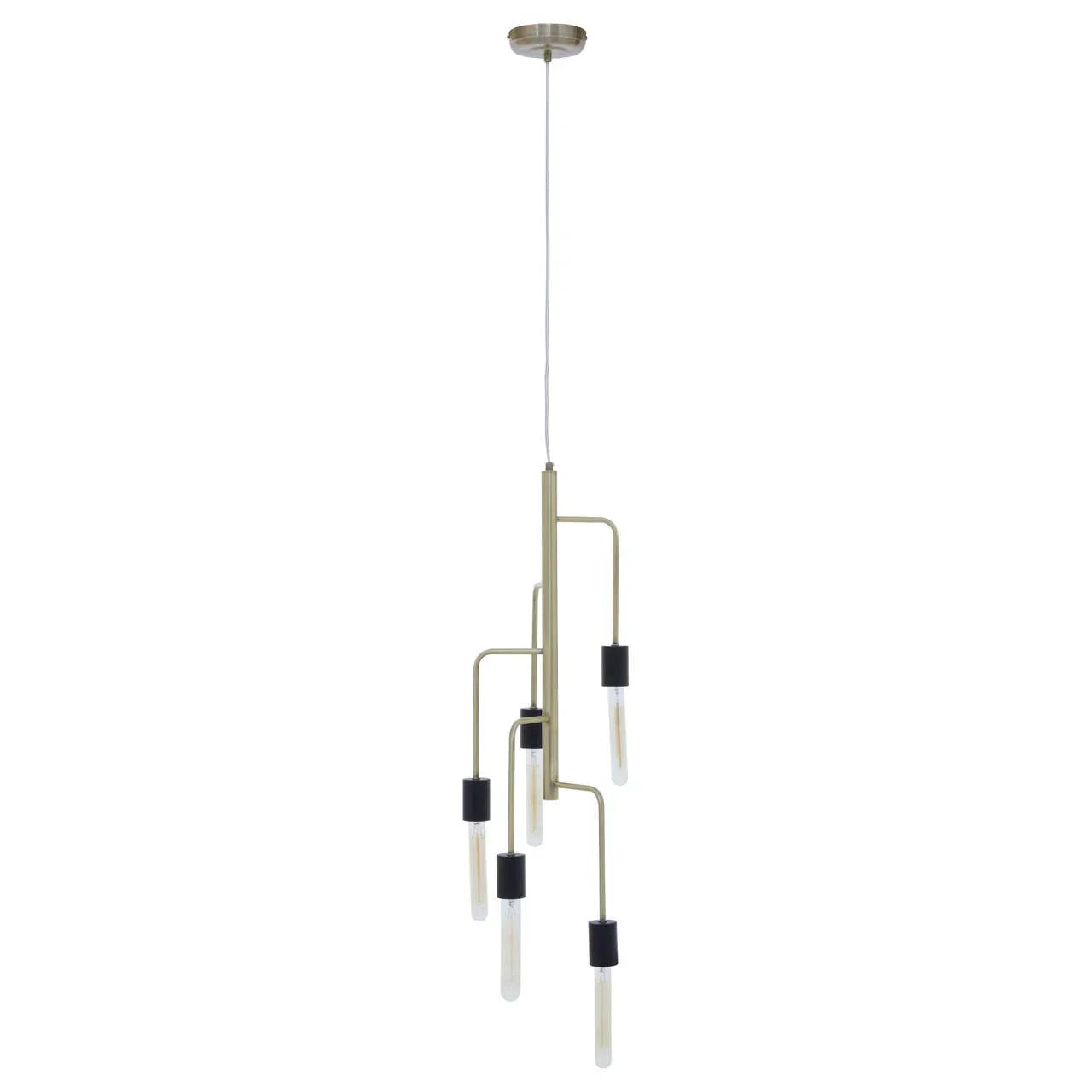 Modern brass pendant ceiling light with five hanging tube bulbs and black accents