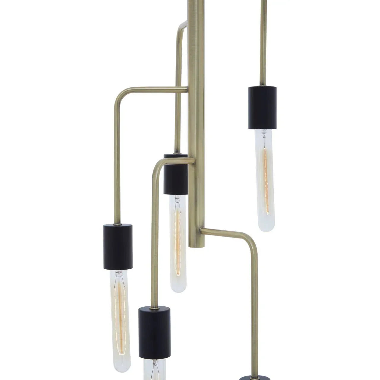 Modern brass and black pendant light with exposed tube bulbs