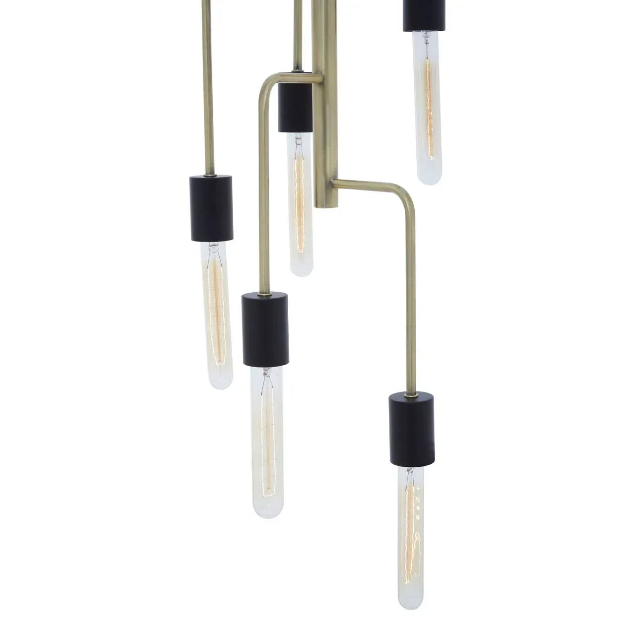 Modern brass and black pendant ceiling light with exposed filament bulbs