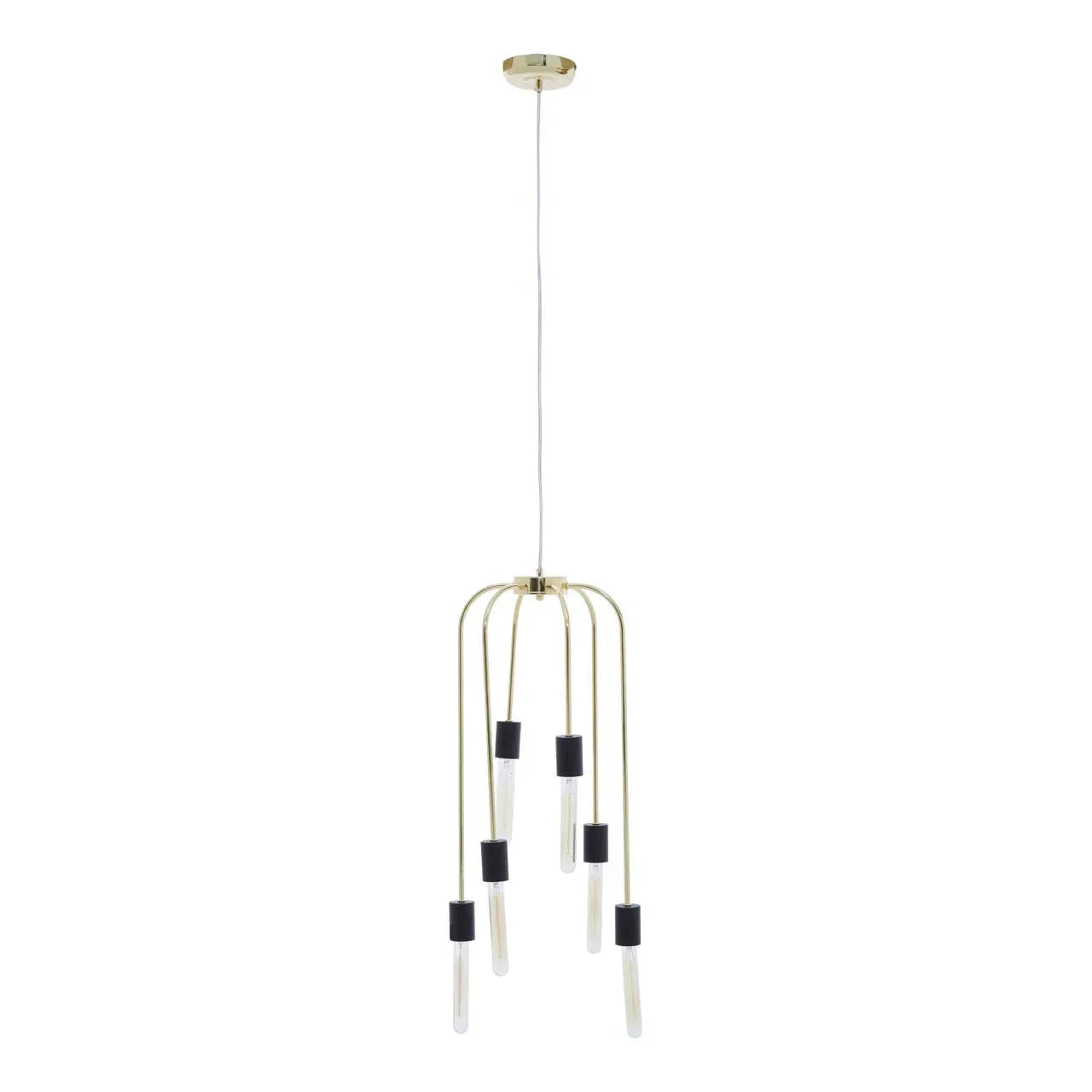 Modern gold pendant ceiling light with five downward hanging bulb fittings