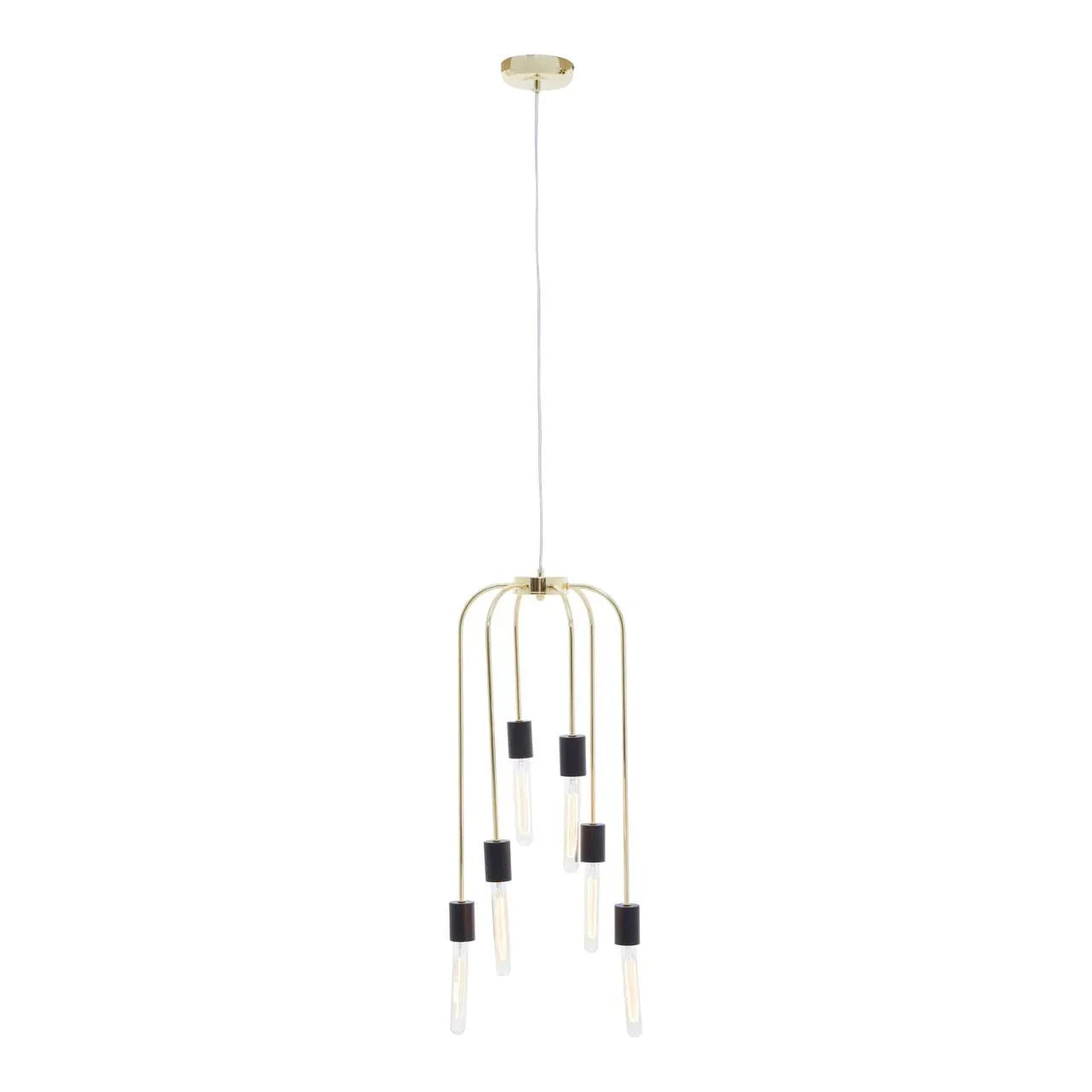 Gold metal pendant ceiling light with six exposed LED tube bulbs and black fittings