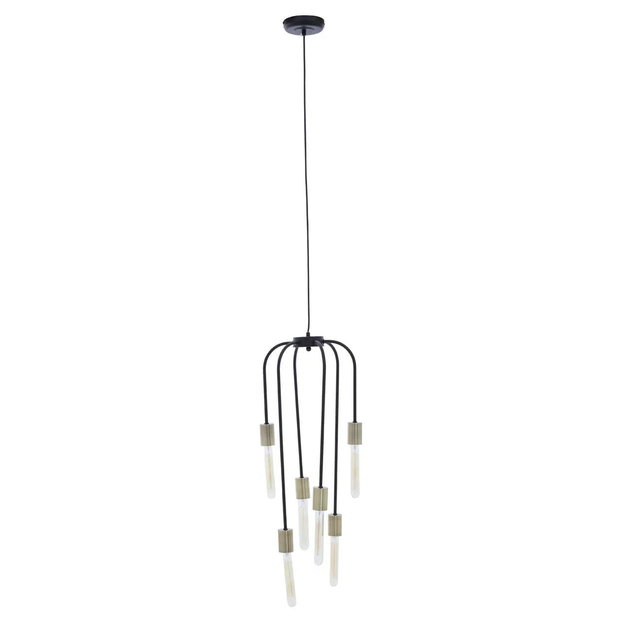 Modern black metal chandelier with six exposed bulbs and gold accents, suspended from ceiling