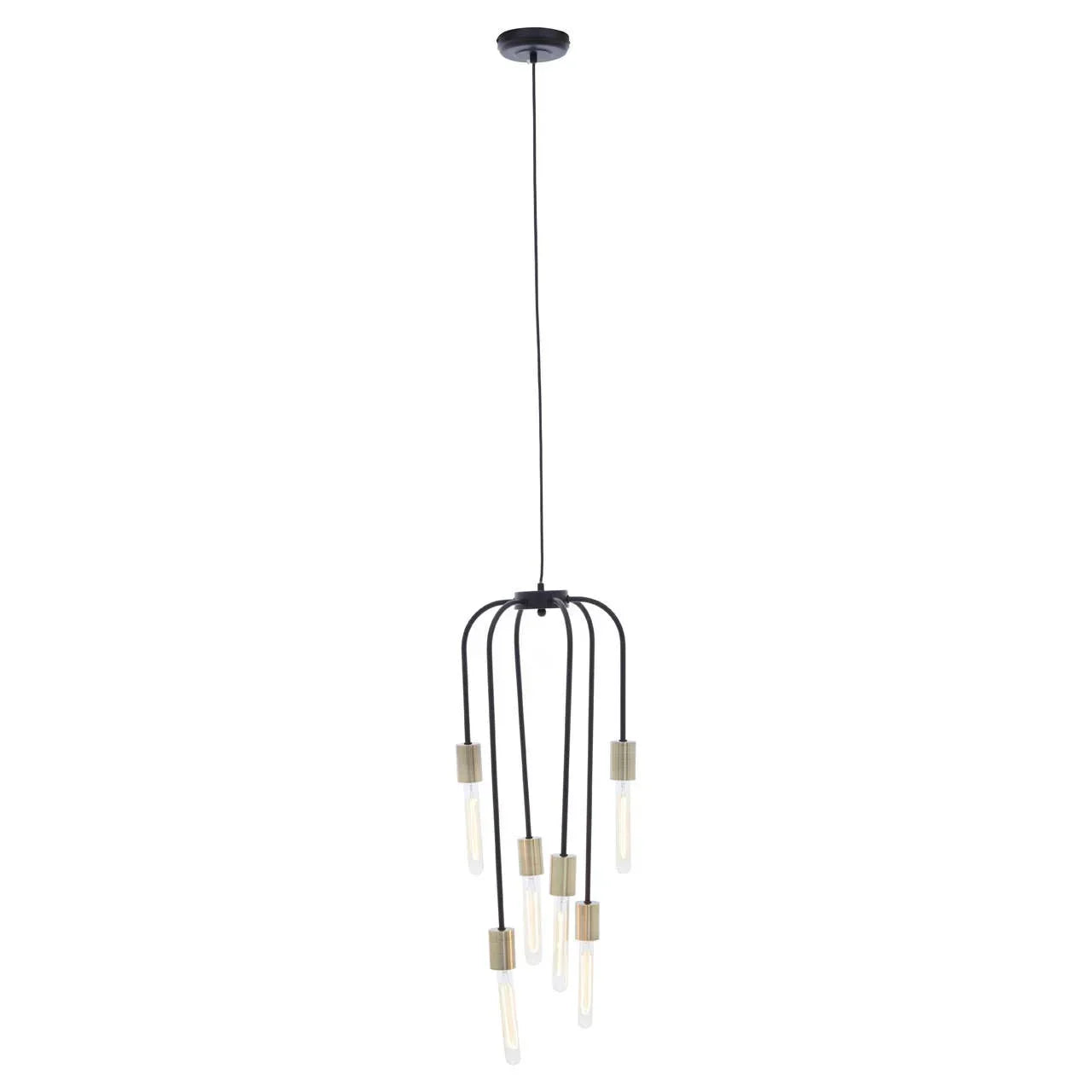 Black metal pendant light with six exposed bulbs and gold accents hanging from the ceiling