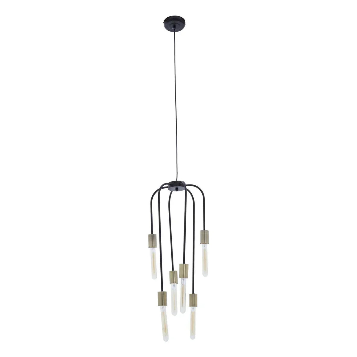 Modern pendant light fixture with six exposed bulbs and black metal arms