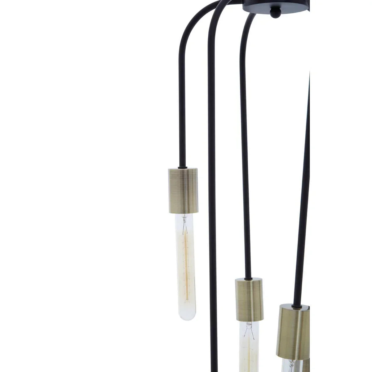 Modern black and brass pendant light with three exposed tube bulbs