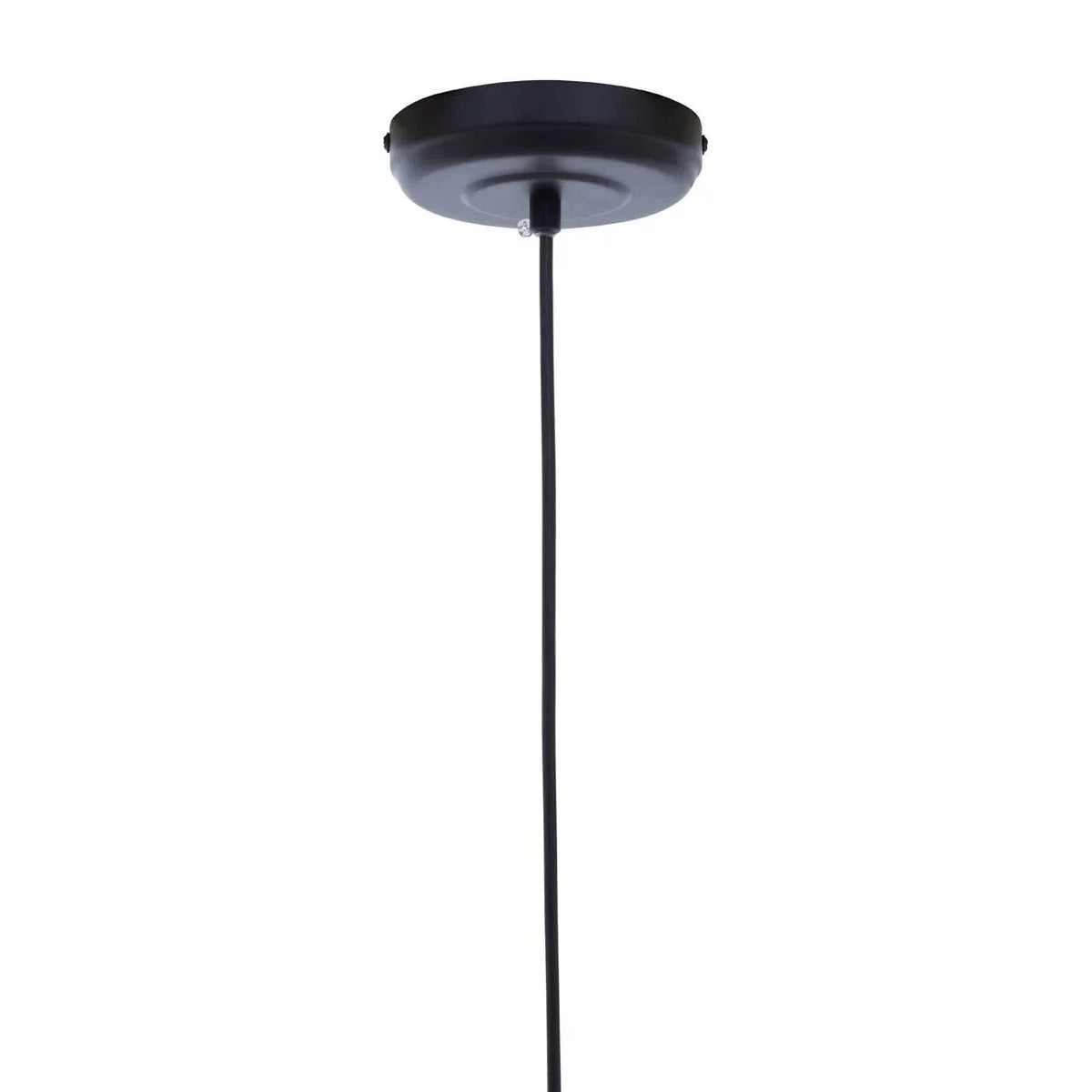 Black ceiling light fixture canopy with cord against white background