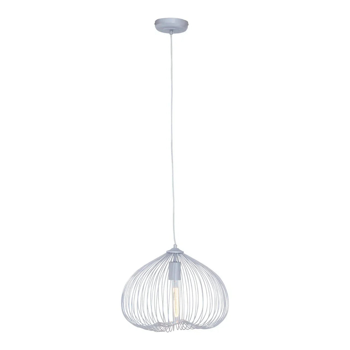 Bulbous wire-frame pendant light, pale grey-white, hanging fixture