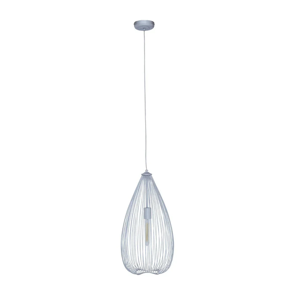 White metal wire pendant light with teardrop shape and exposed bulb