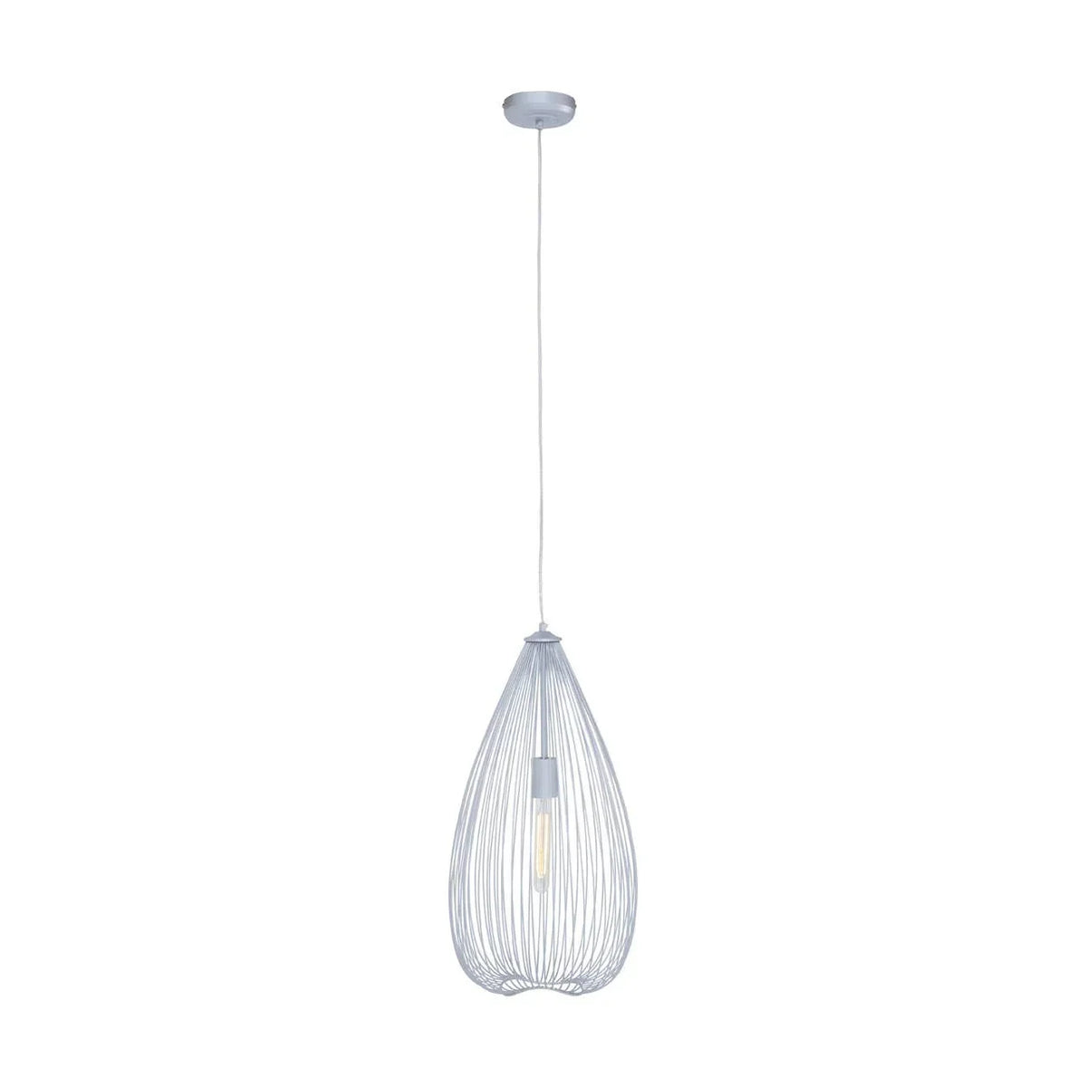White wire pendant light with teardrop metal frame and exposed bulb hanging from ceiling