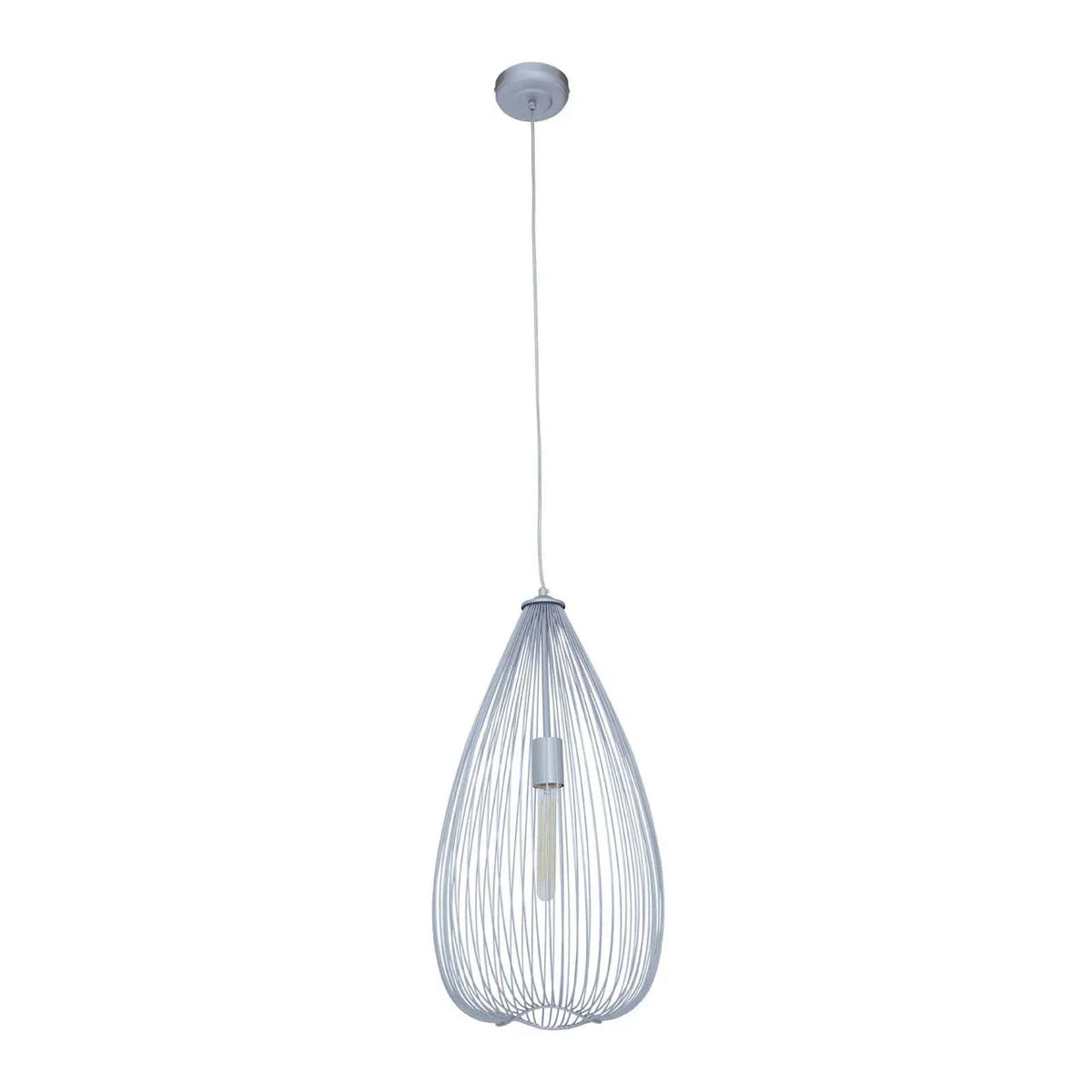 White wire pendant ceiling light with teardrop cage design and exposed bulb