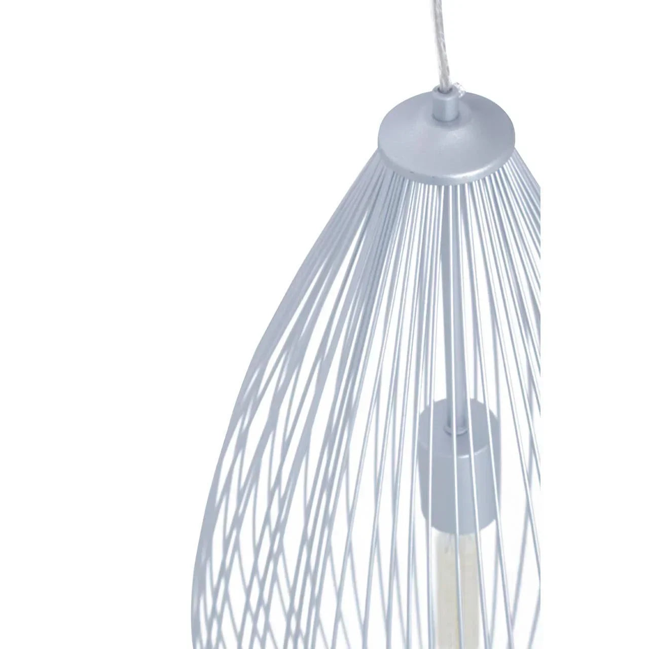 Modern pendant light with white metal wire shade hanging from ceiling