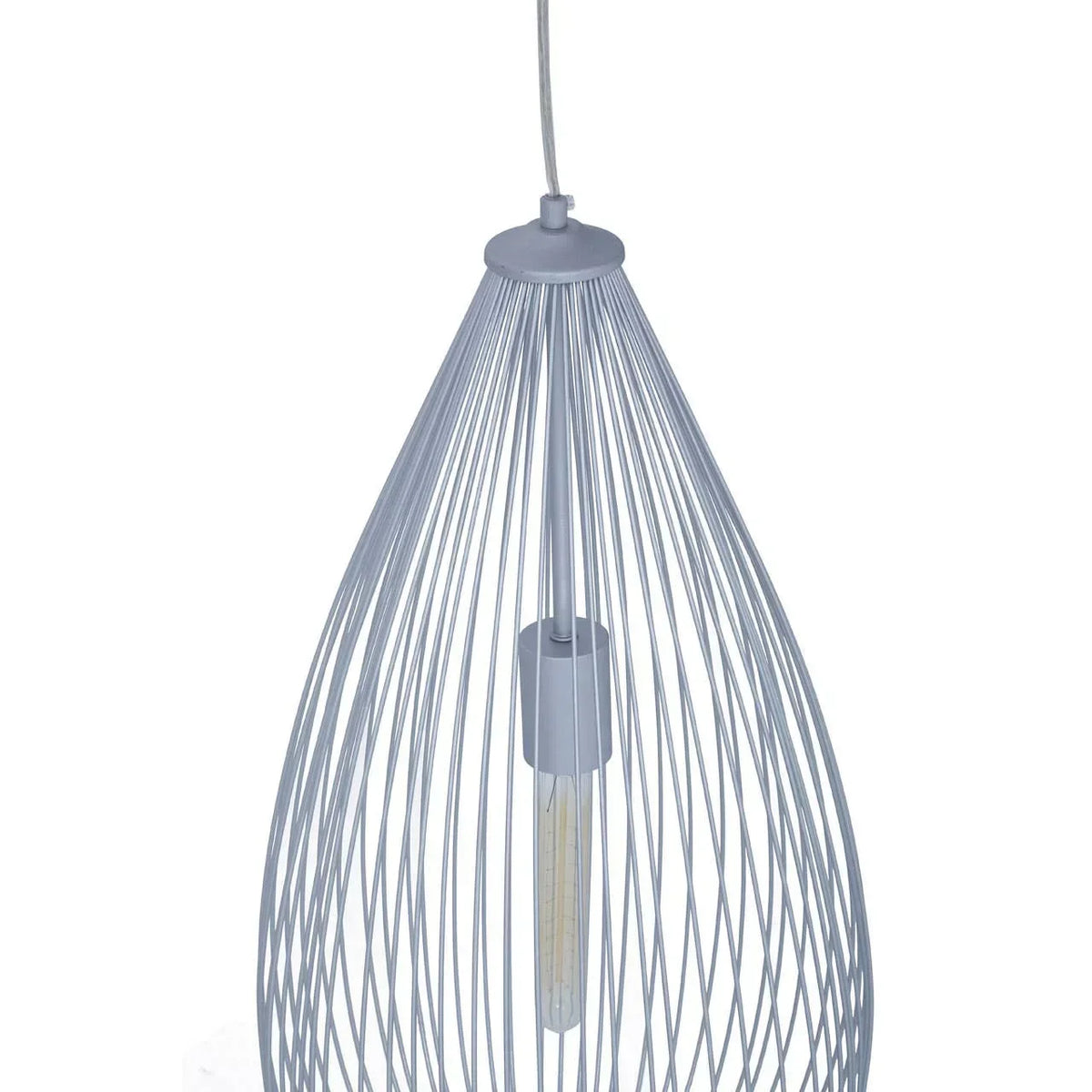 Grey metal pendant light with teardrop wire frame and exposed bulb
