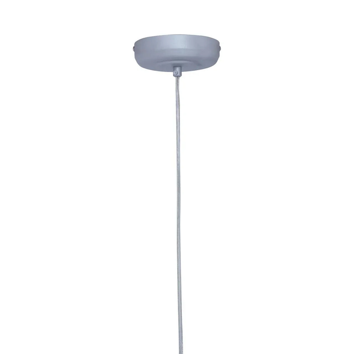 Ceiling light fitting with round grey canopy and hanging pendant cord