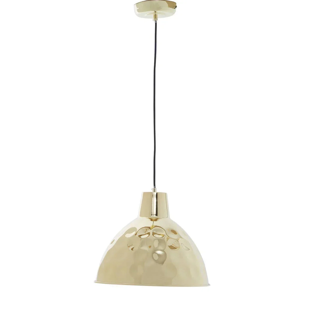 Gold hammered metal pendant light with black cord and dome shade