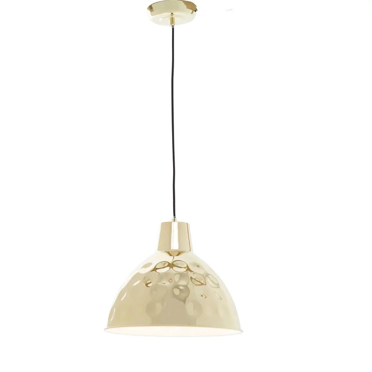 Gold metal pendant light with hammered dome shade and black hanging cord